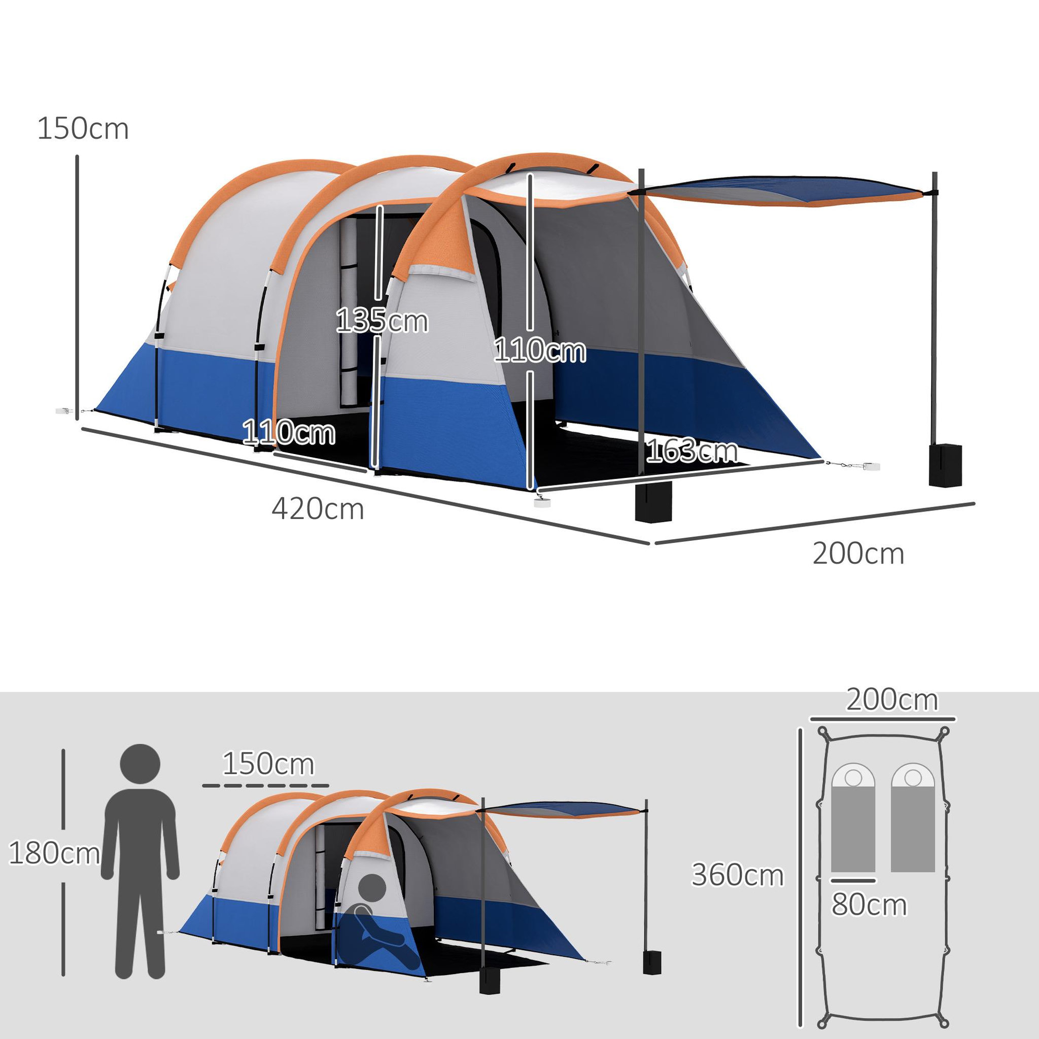 Voir la diapositive 3 : OUTSUNNY Tente de camping 2-3 pers. Porche étanche 2000 mm 3 portes sac de transport orange