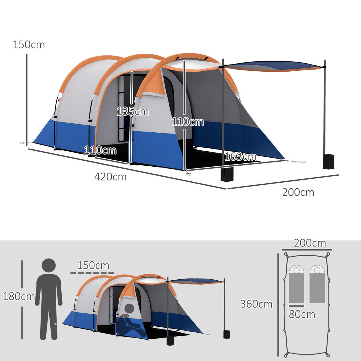 OUTSUNNY Tente de camping 2-3 pers. porche étanche 2000 mm 3 portes sac de transport orange