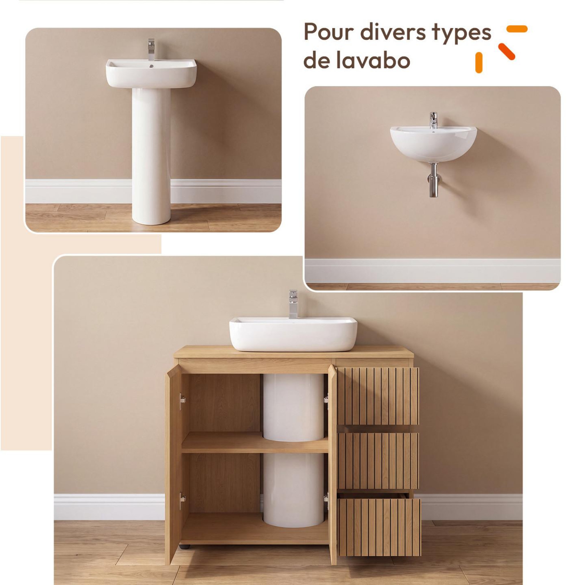 Voir la diapositive 4 : ID MARKET Meuble sous lavabo salle de bain VICTOR avec placard et 3 tiroirs effet lattes