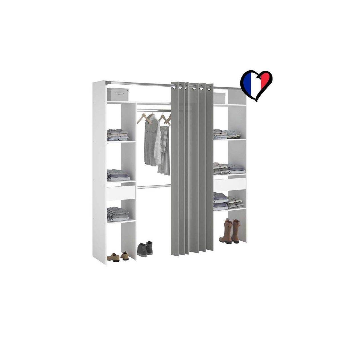 CONCEPT USINE Dressing blanc avec rideau gris 2 penderies, 6 étagères 2 tiroirs ELYSEE