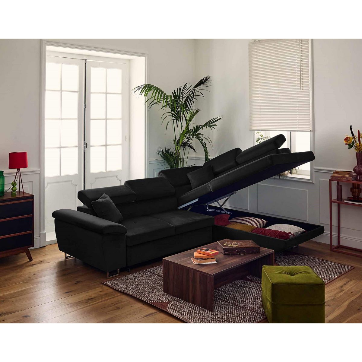 BEST MOBILIER Dimas - canapé d'angle droit 5 places - convertible avec coffre et têtières réglables - en velours