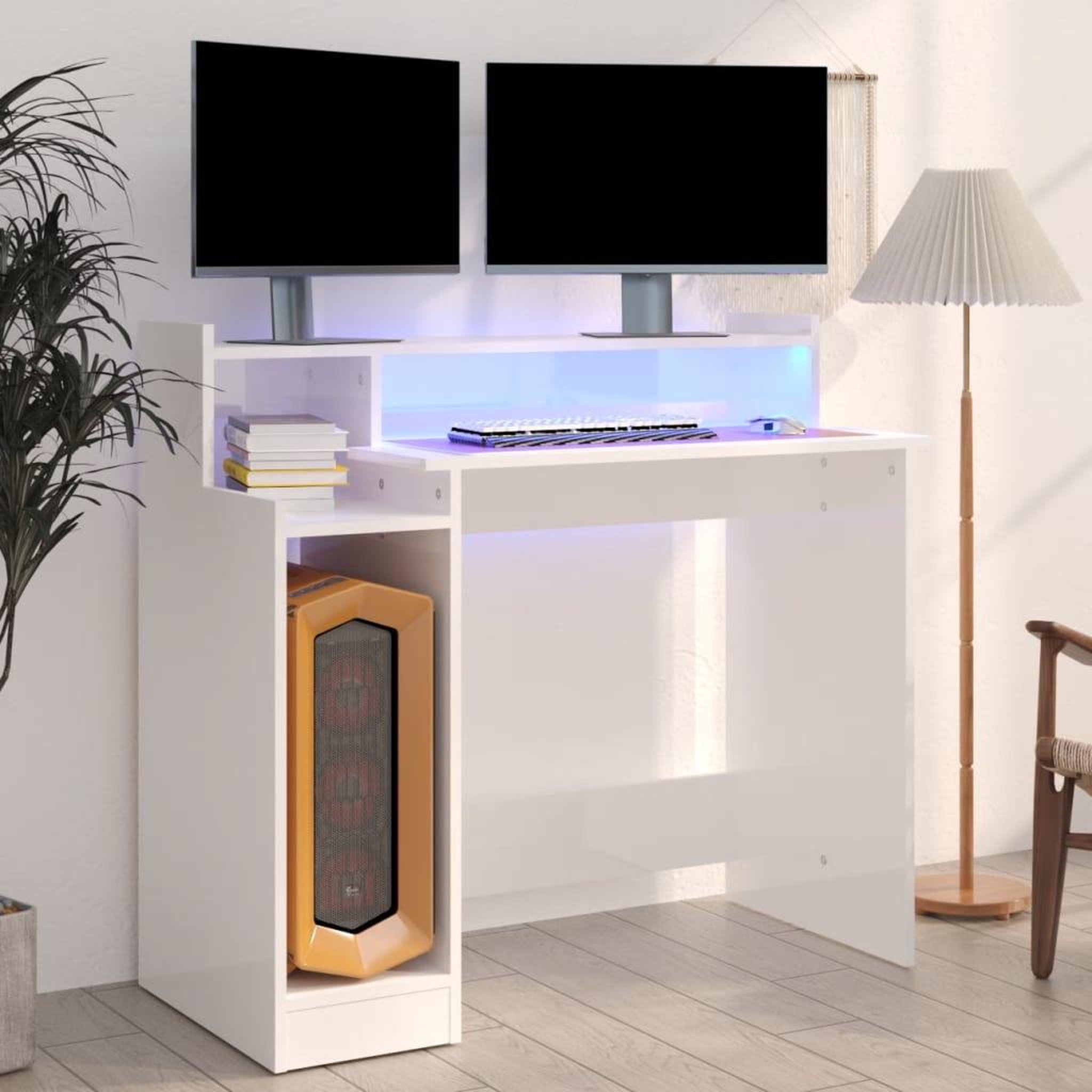 Voir la diapositive 1 : VIDAXL Bureau lumieres LED Blanc brillant 97x45x90cm Bois d'ingenierie