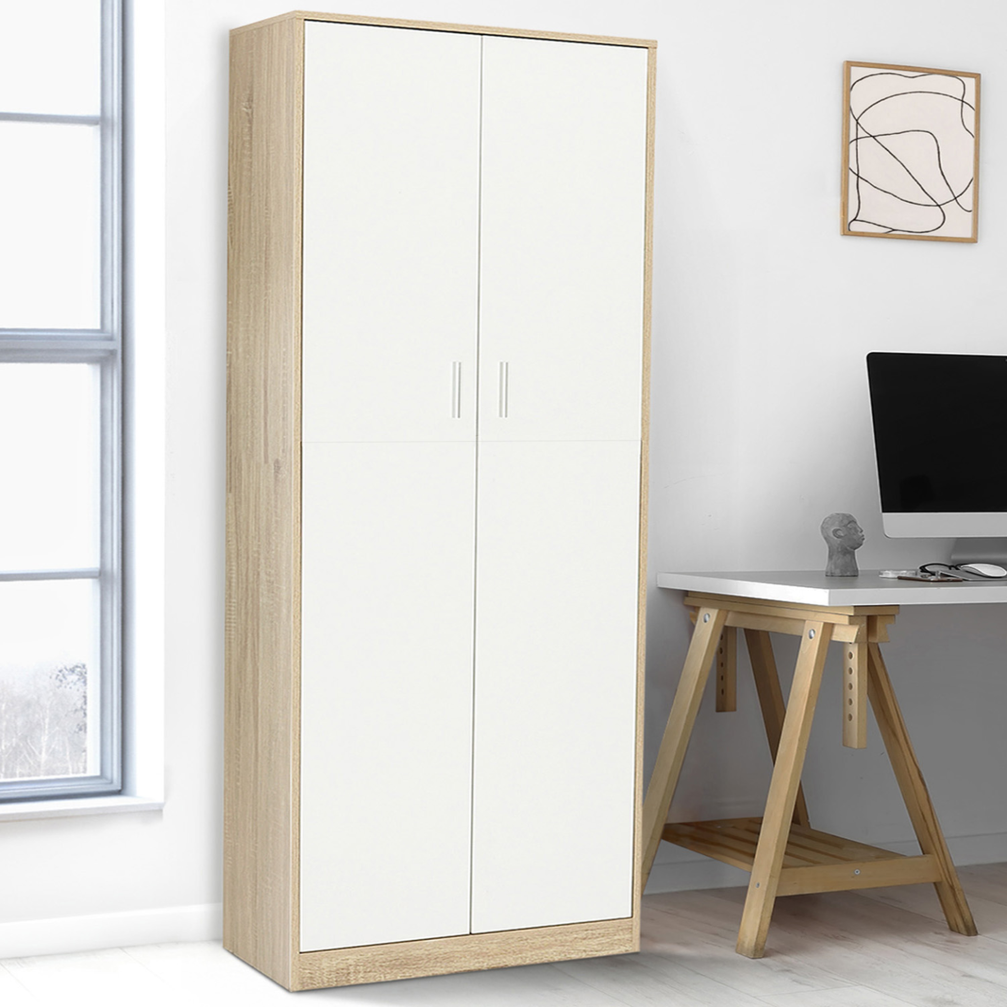Voir la diapositive 2 : ID MARKET Armoire de bureau 190 cm multifonction maria bois et blanc 2 portes 4 étagères