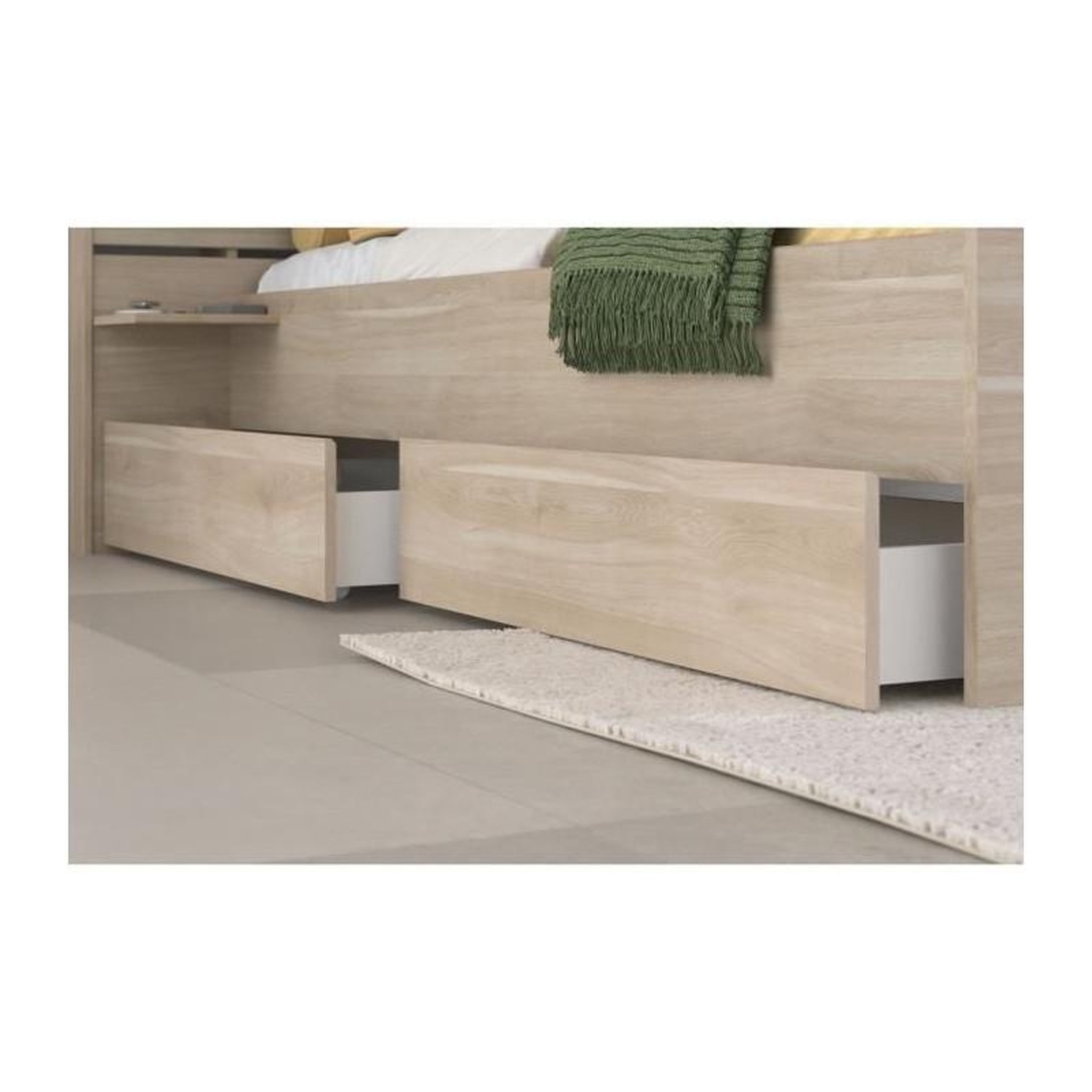 Voir la diapositive 6 : PARISOT Lit adulte ESCALE 180x200 cm - Décor chene du Japon - 2 tiroirs + Tete de lit - L235.4 x H98,2 x P216,8 cm - Fabriqué en Franc