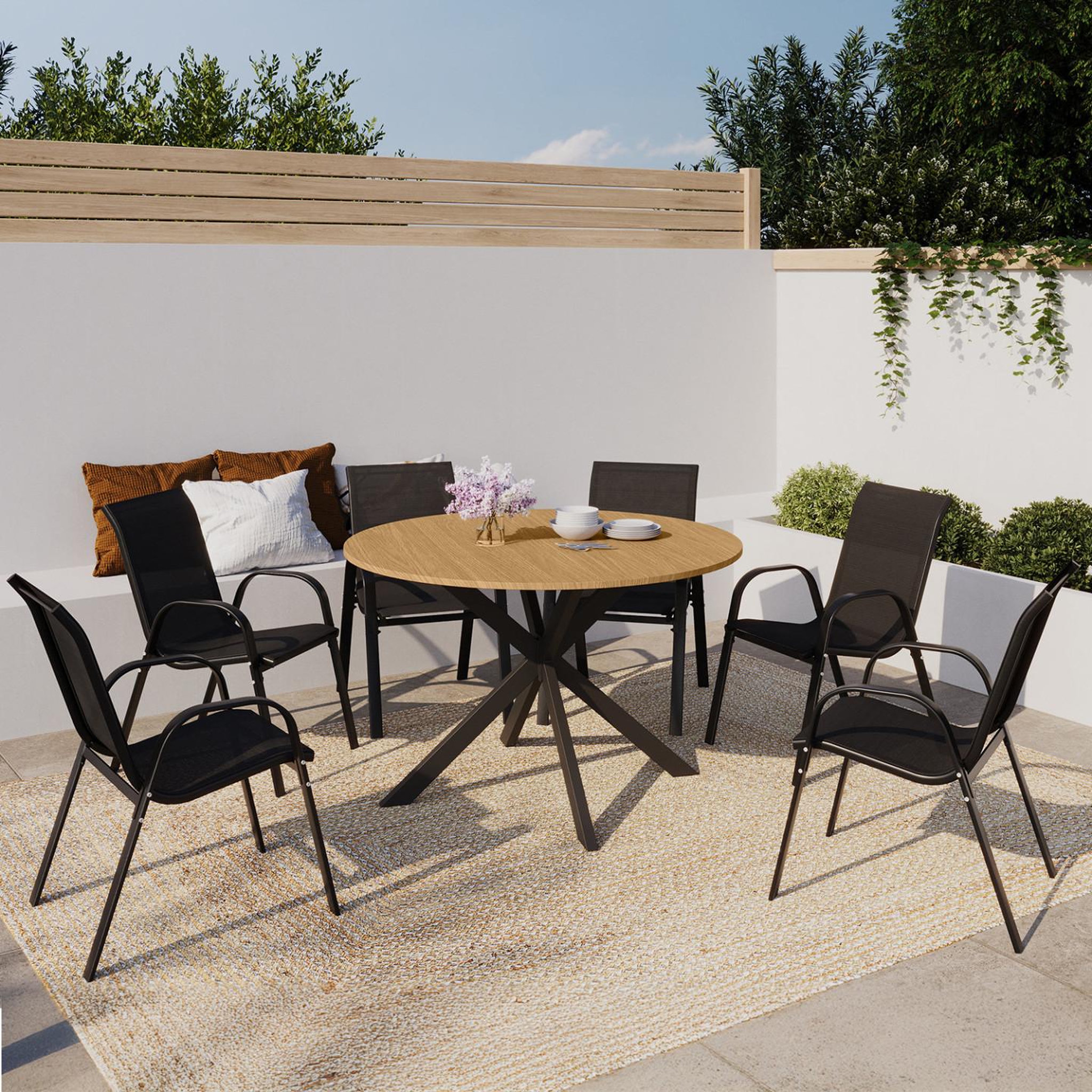 Voir la diapositive 2 : ID MARKET Salon de jardin messina table ronde 120 cm pied araignée plateau métal effet bois et 6 chaises empilables noires
