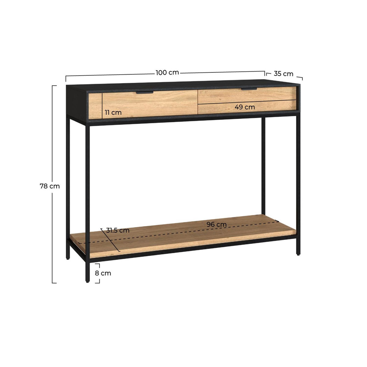 Rendez vous déco Console 2 tiroirs en bois d'acacia et pieds en métal noir-Jakson