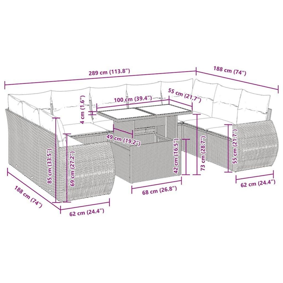 VIDAXL Salon de jardin 10 pcs avec coussins marron resine tressee