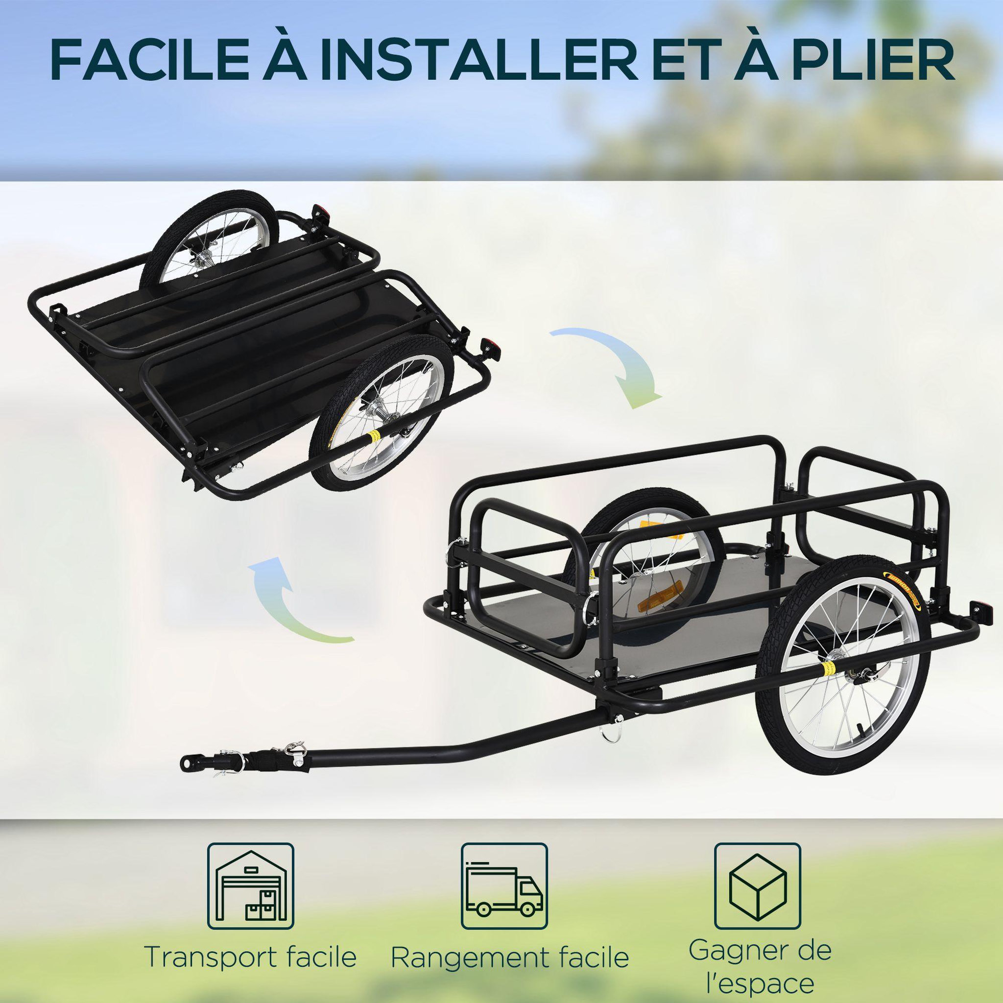 Voir la diapositive 4 : HOMCOM Remorque vélo remorque de transport pour vélo pliable 70l 139l x 71,5l x 49h cm barre d'attelage universelle acier noir