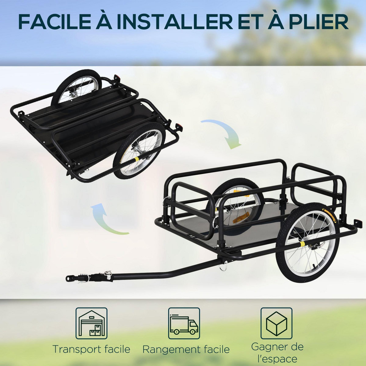 HOMCOM Remorque vélo remorque de transport pour vélo pliable 70L 139L x 71,5l x 49H cm barre d'attelage universelle acier noir