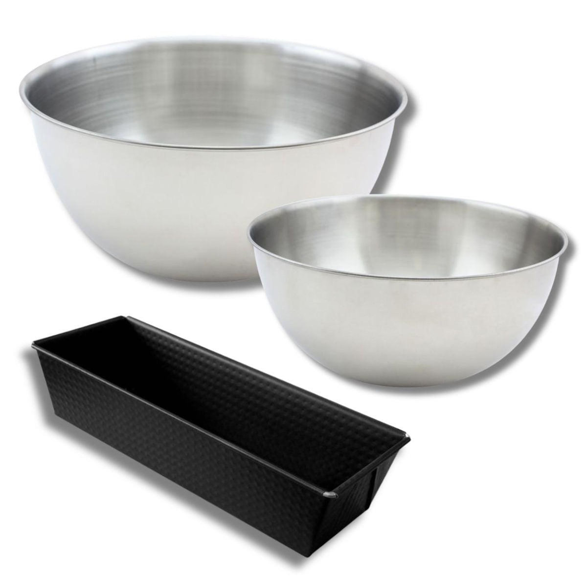 ZENKER Ensemble avec 1 Moule à Cake 25,5cm, 1 spatule Zenker et 2 bols à mixer en inox Fackelmann