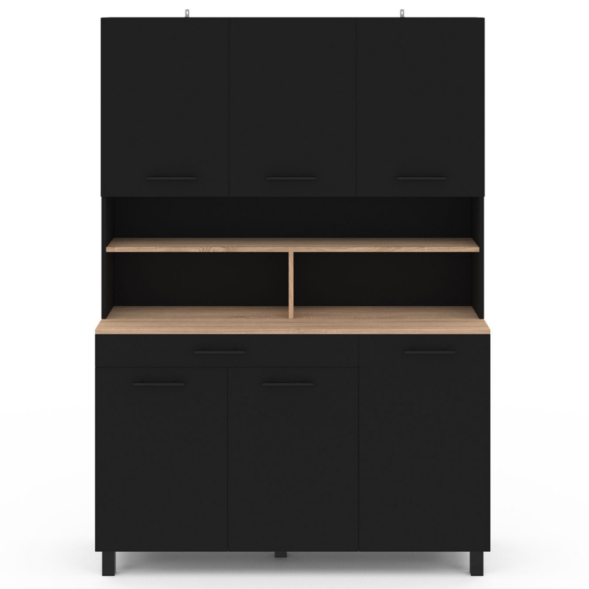 ID MARKET Buffet de cuisine 120 cm CINA 6 portes + tiroir noir et plateaux façon hêtre