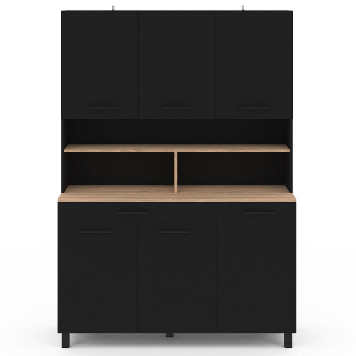 ID MARKET Buffet de cuisine 120 cm CINA 6 portes + tiroir noir et plateaux façon hêtre