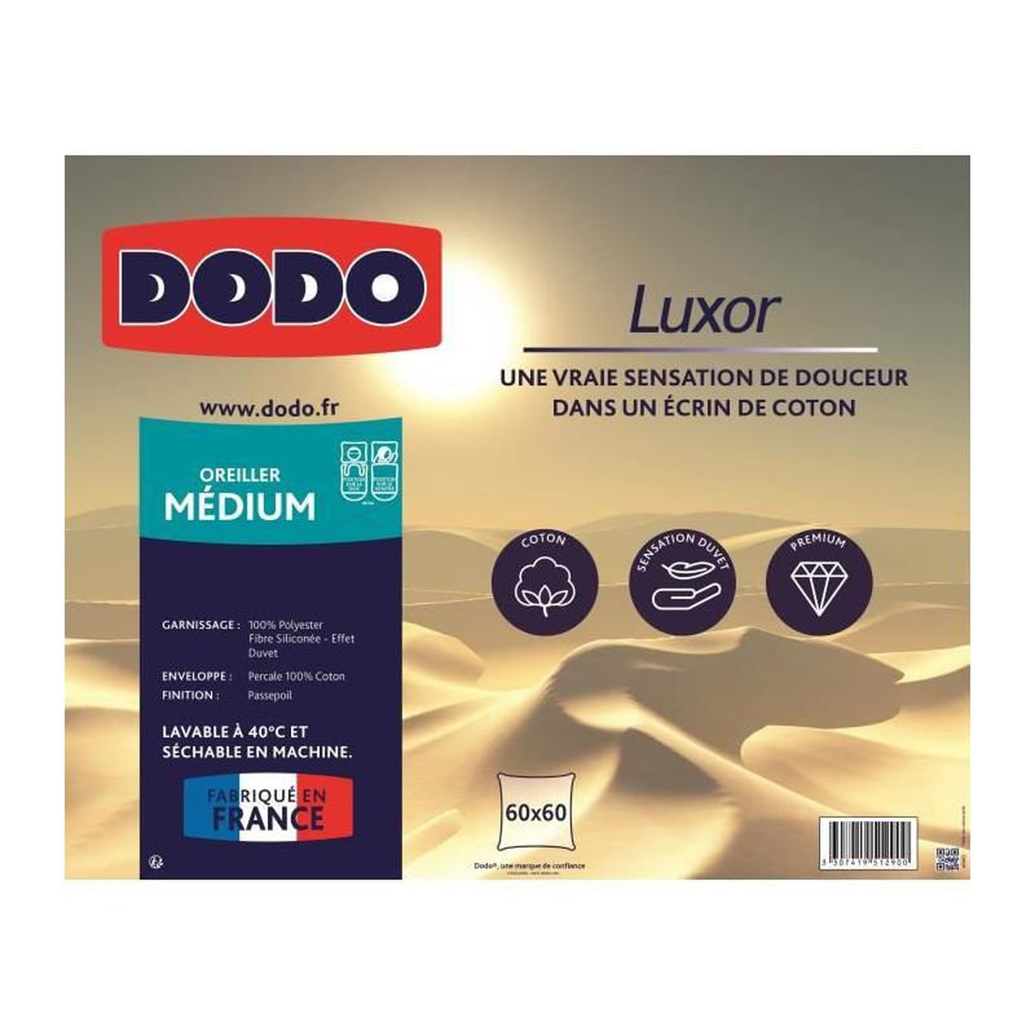 Voir la diapositive 2 : DODO DODO Oreiller LUXOR 60x60 cm - 100% Coton - Effet Duvet