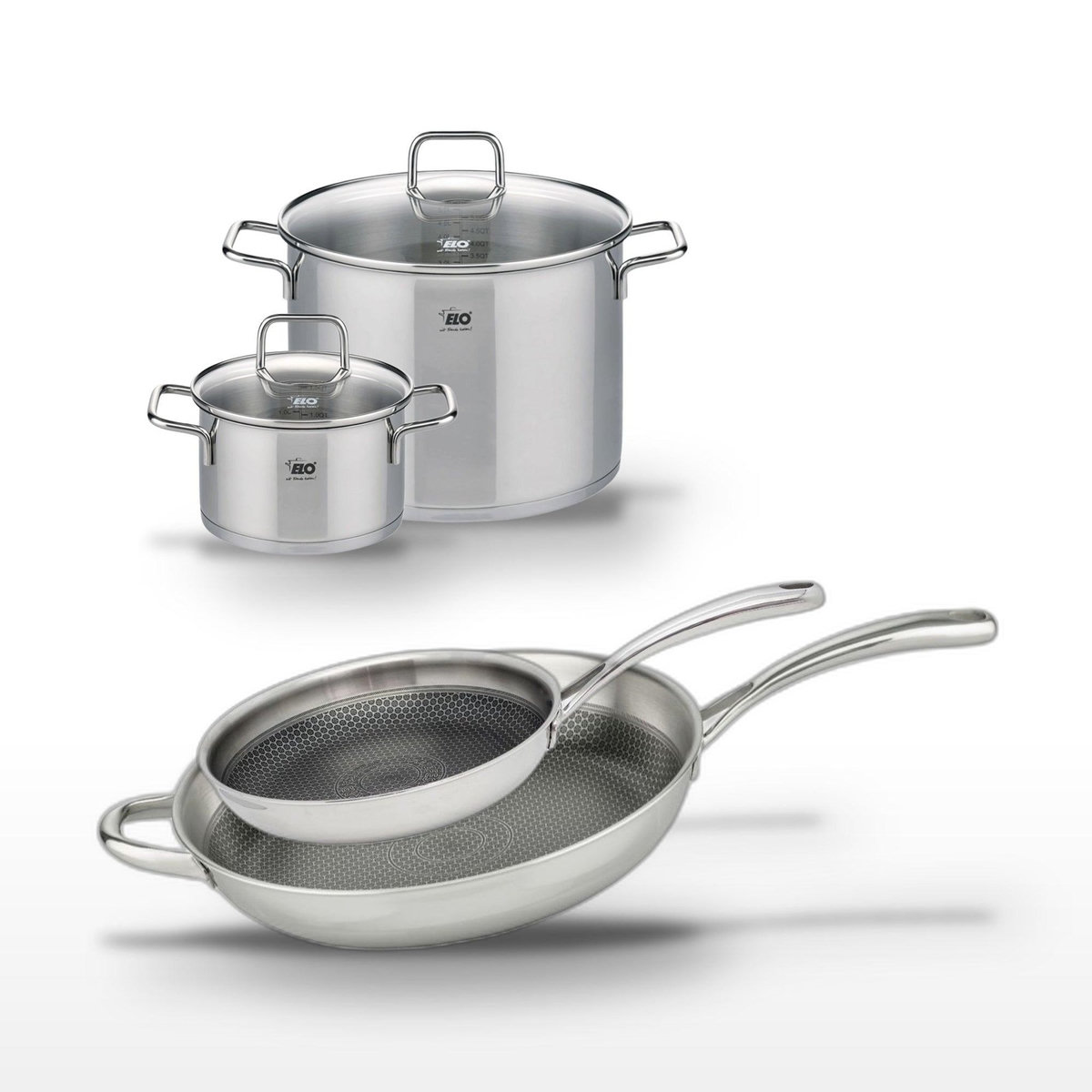 ELO Lot 2 Poêles 32/28 cm & 2 Faitouts 20/26 cm Elo Relief Evolution