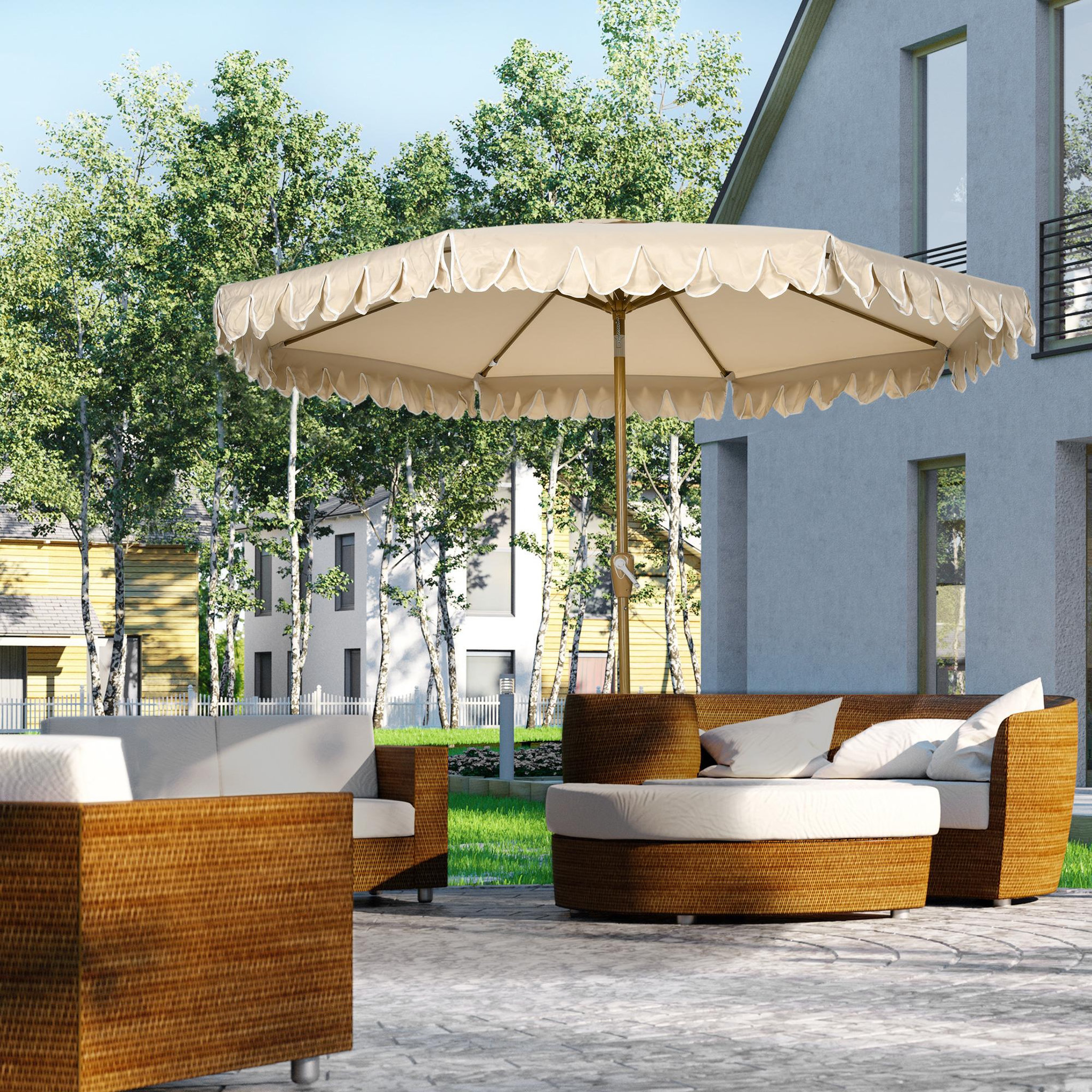 Voir la diapositive 2 : OUTSUNNY Parasol octogonal inclinable Ø 2,64 x 2,4H m mât acier aspect bois polyester haute densité 180 g/m² beige