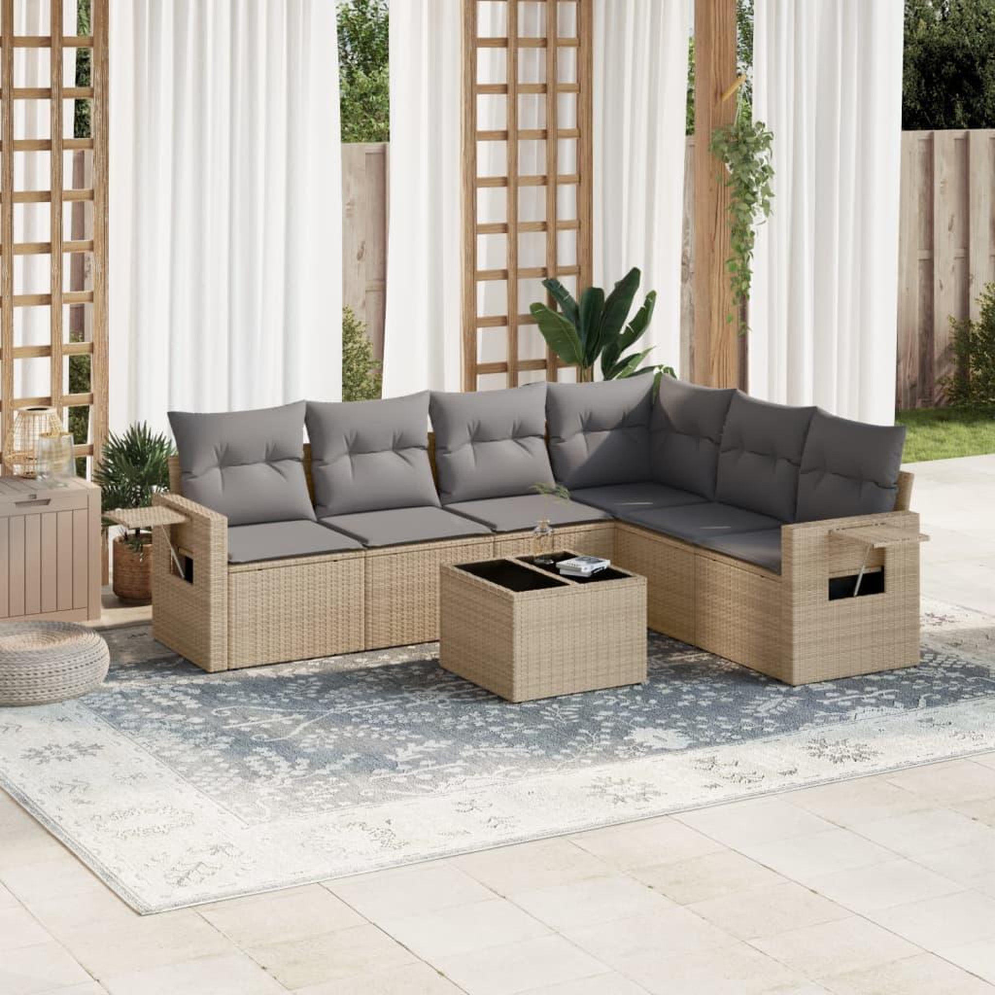 VIDAXL Salon de jardin avec coussins 7 pcs beige resine tressee
