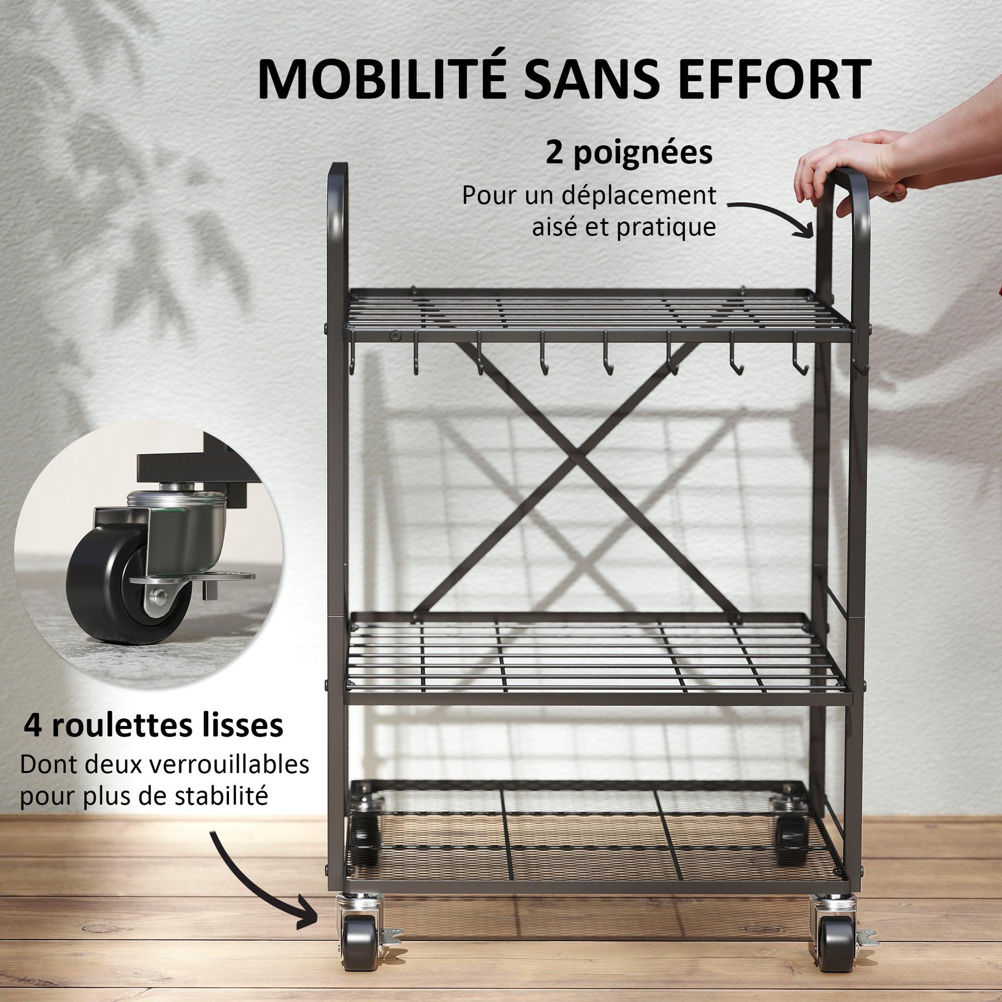 Voir la diapositive 6 : OUTSUNNY Organisateur d'outils de jardin - chariot de jardin - desserte - 9 crochets, 20 compartiments - métal noir