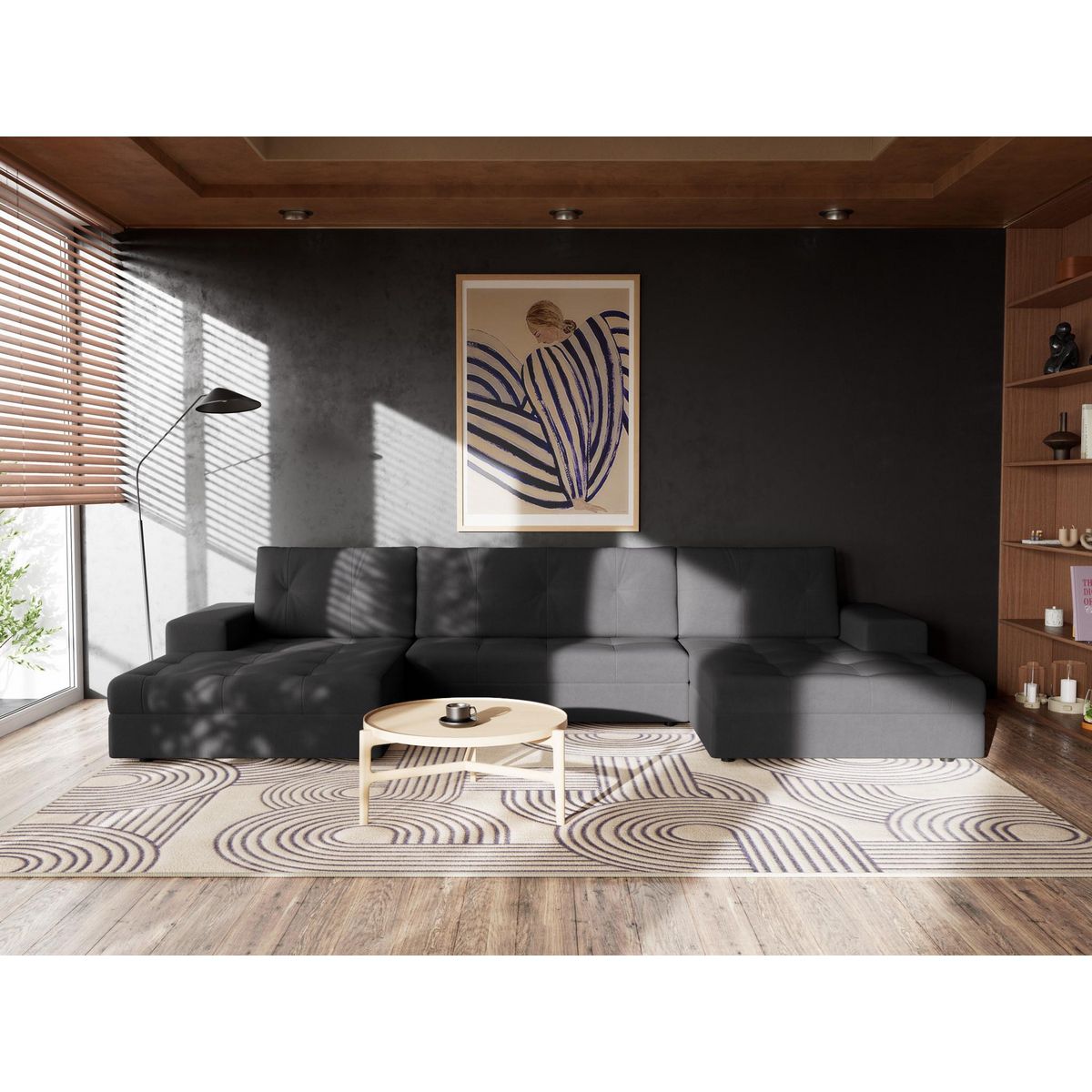 BEST MOBILIER Bastian - canapé panoramique en u 7 places convertible avec coffre en velours texturé