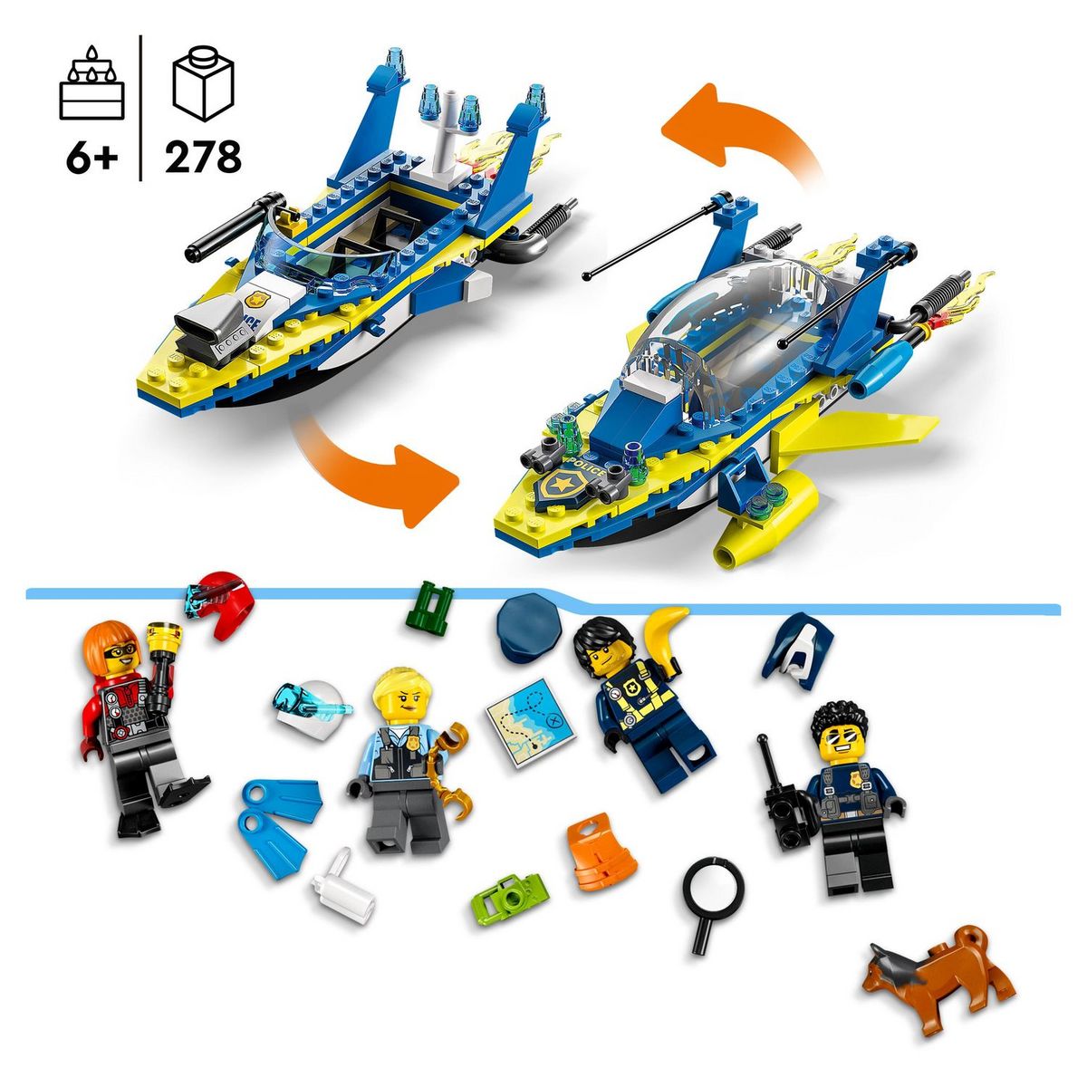 LEGO City 60355 Mission détective de la police sur l'eau, Jouet Interactif avec Bateau