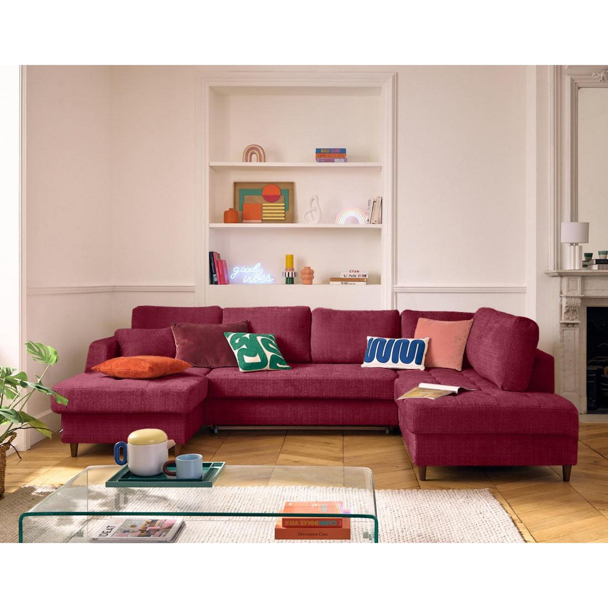 LISA DESIGN Anna - canapé panoramique d'angle droit 7 places convertible avec coffre en velours texturé