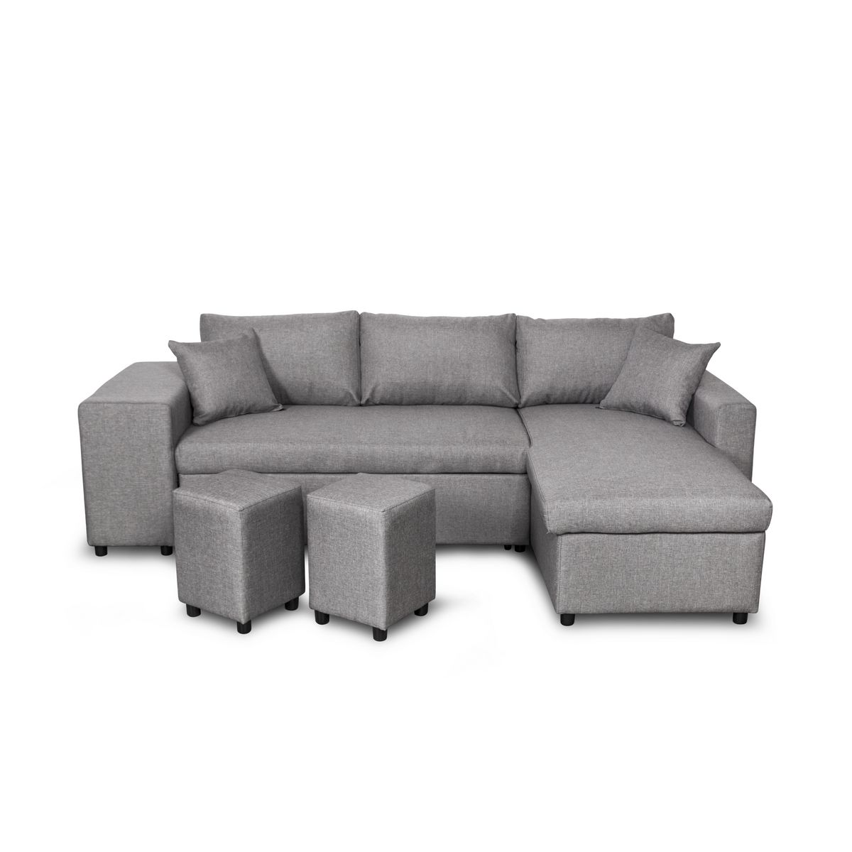  Canapé 3 places d'angle Droit convertible avec coffre Microfibre gris tissu + 2 poufs inclus ANETTA