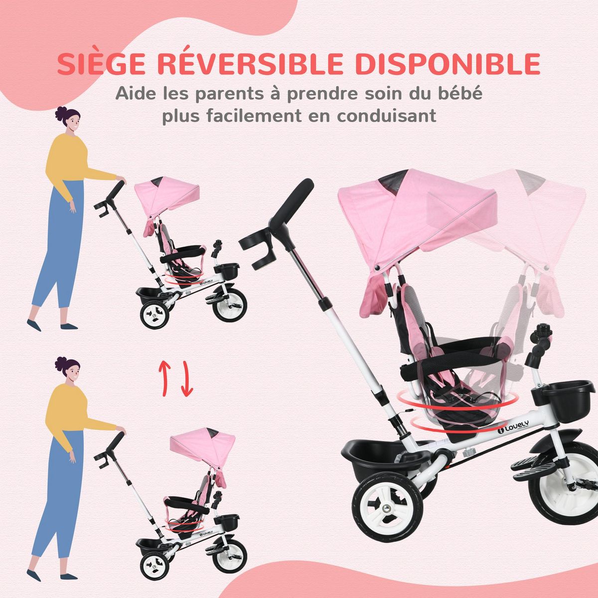 HOMCOM Tricycle enfant évolutif pliable pare-soleil canne télescopique amovible siège réversible rose