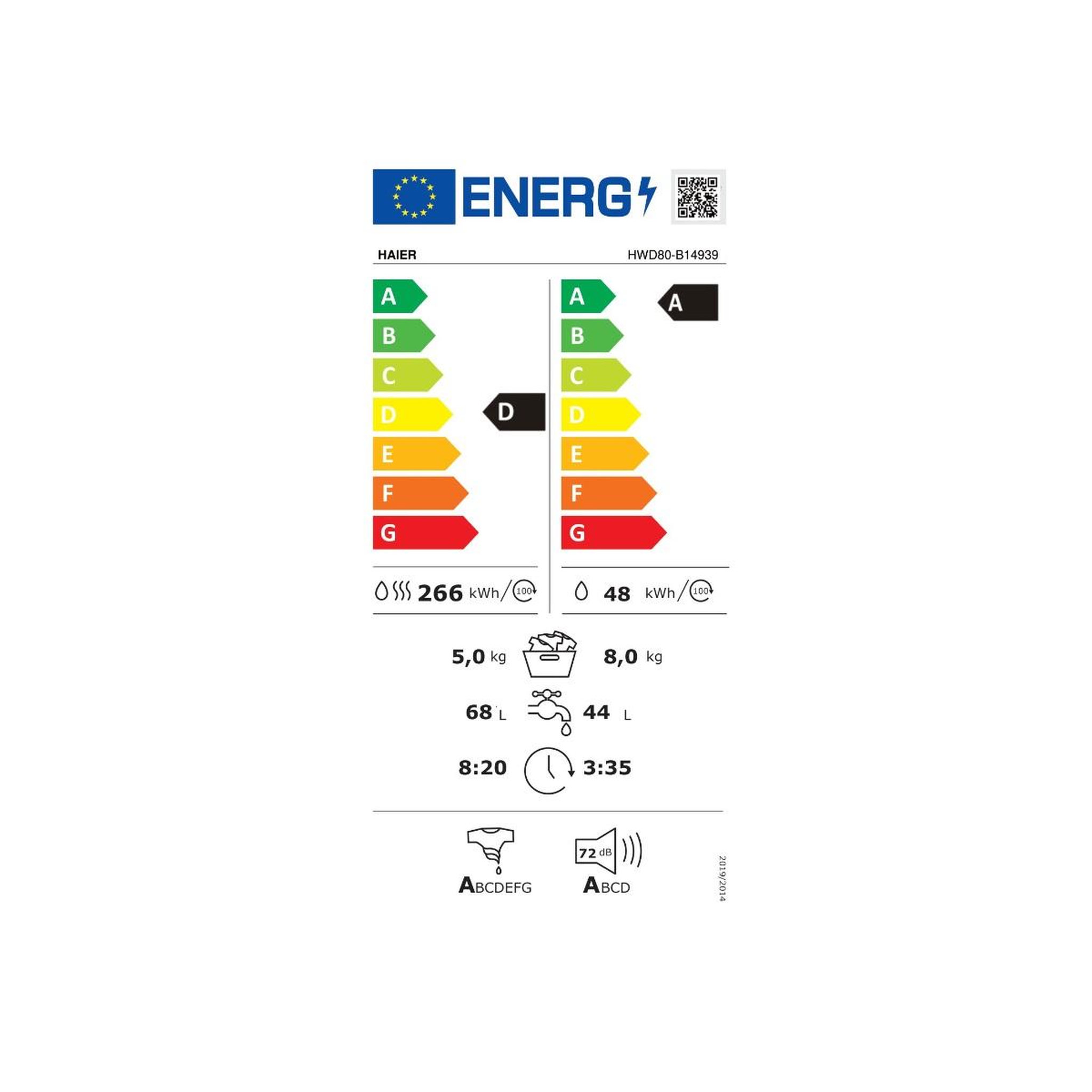 Voir la diapositive 2 : HAIER Lave-linge séchant 8/5kg 1400 tours/min - hwd80-b14939-fr