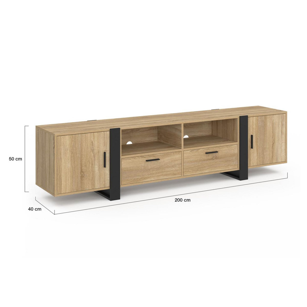 ID MARKET Meuble TV 200 cm PHOENIX 2 portes 2 tiroirs bois et noir