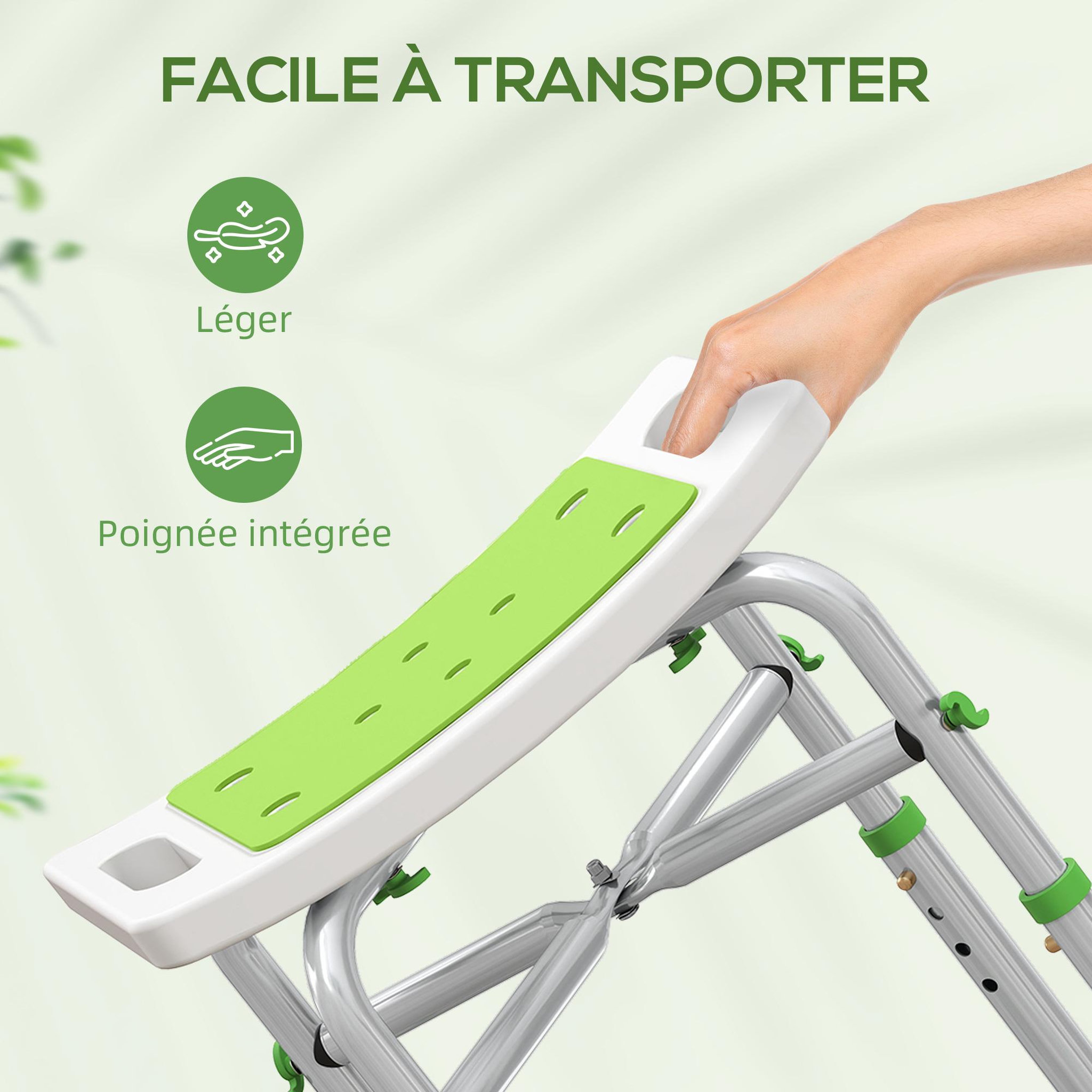 Voir la diapositive 6 : HOMCOM Siège de douche réglable en hauteur tabouret de douche ergonomique pieds antidérapants charge max. 150 kg alu hdpe blanc vert