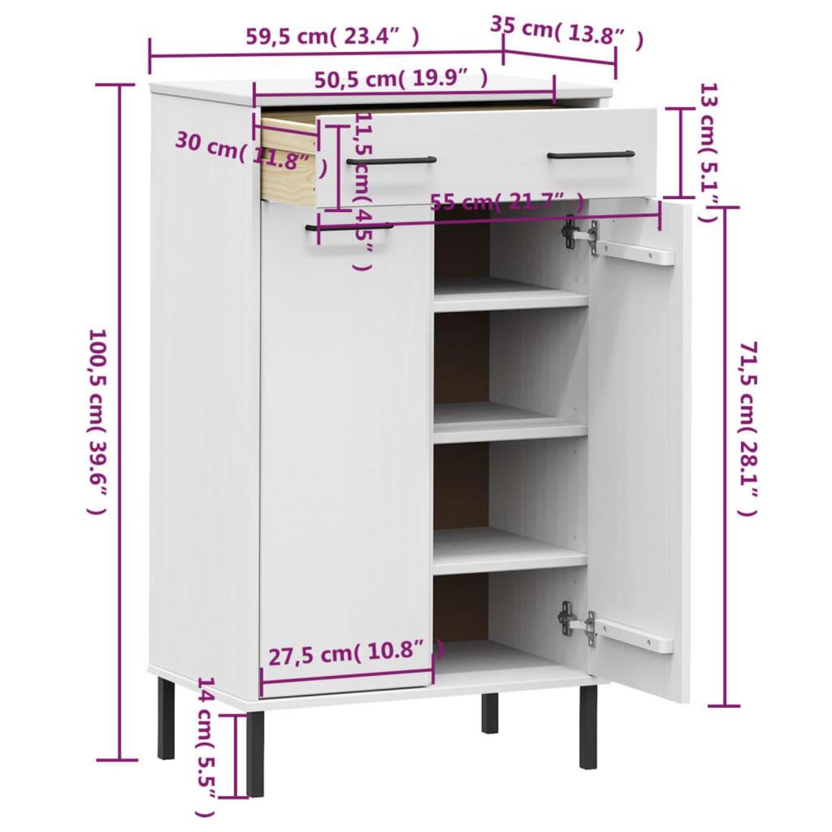 VIDAXL Etagere a chaussures et pieds en metal Blanc Bois de pin OSLO