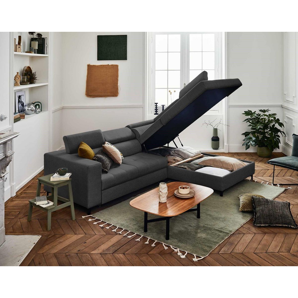 LISA DESIGN Olinda - canapé d'angle droit - 5 places - convertible avec coffre et têtières réglables - en tissu