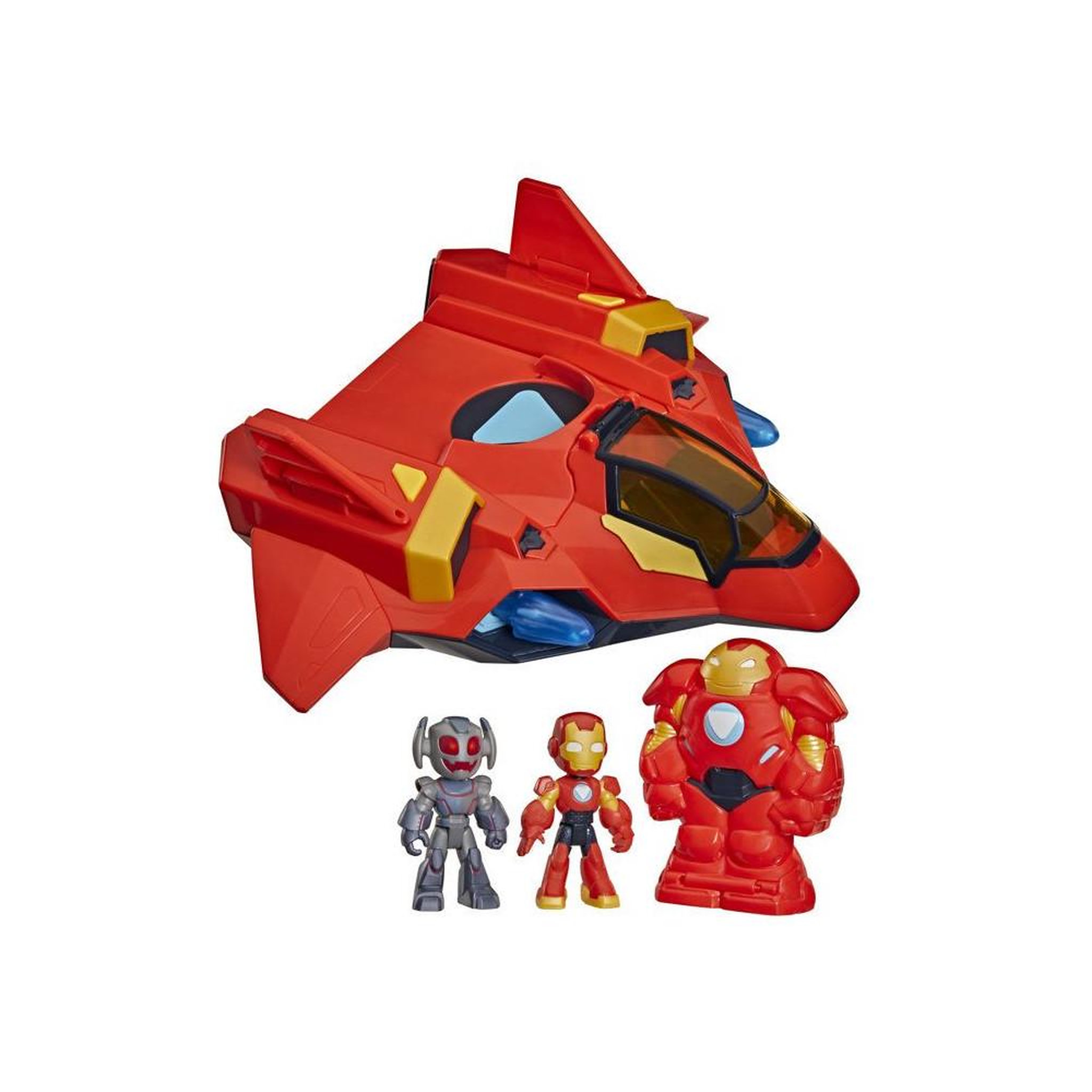 HASBRO Set véhicule jet armure géante iron man avec figurines 7,6 cm et accessoires, mech et avion, avec 2 figurines articulées