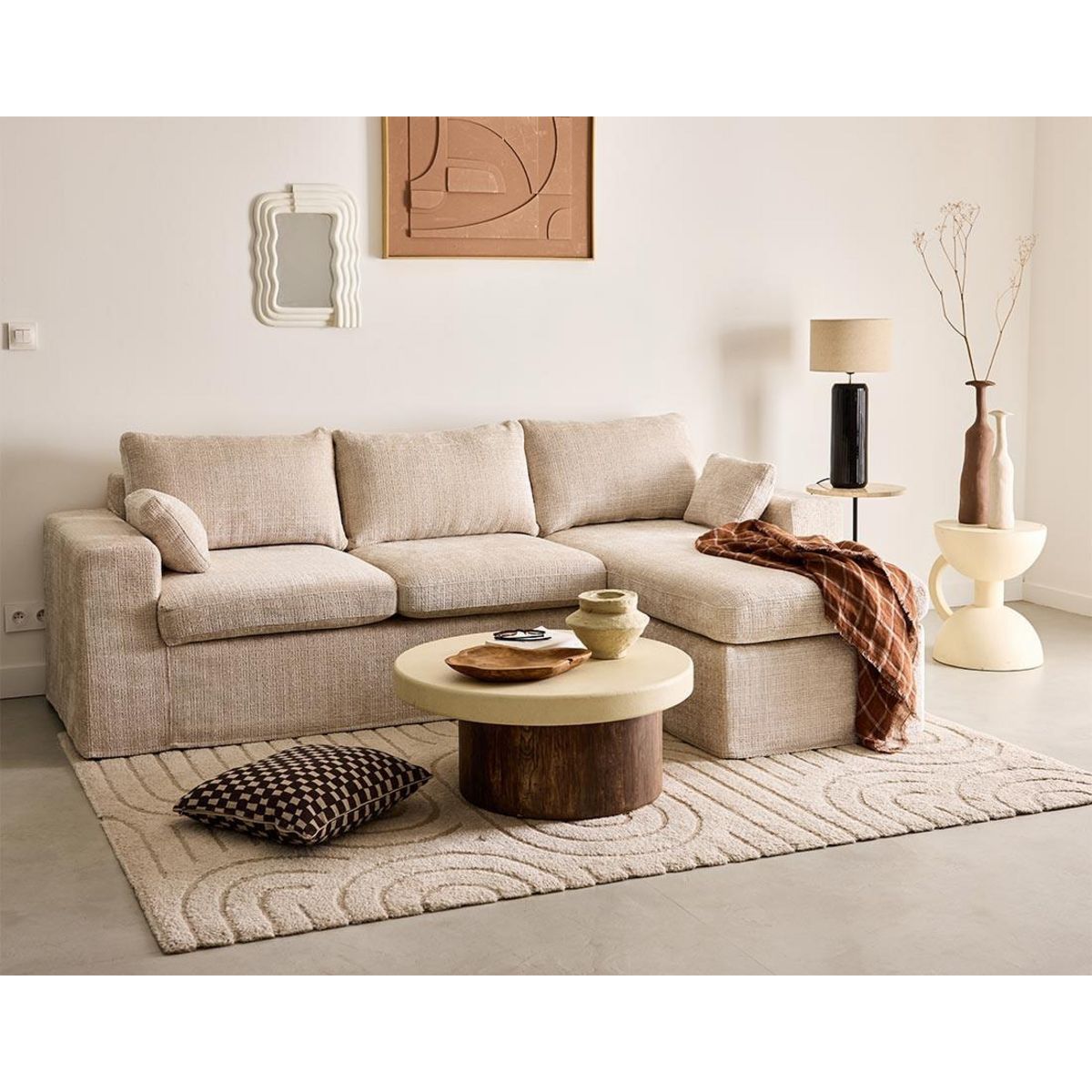 LISA DESIGN Calgary - canapé d'angle déhoussable et modulable 3 places + 1 pouf en velours texturé