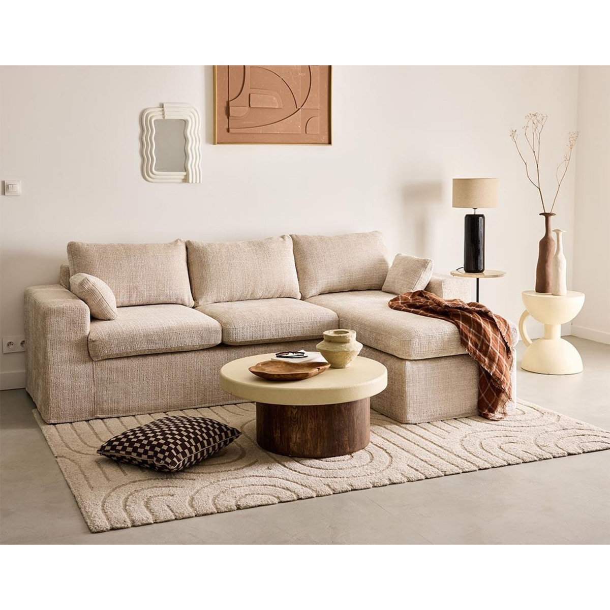 LISA DESIGN Calgary - canapé d'angle déhoussable et modulable 3 places + 1 pouf en velours texturé