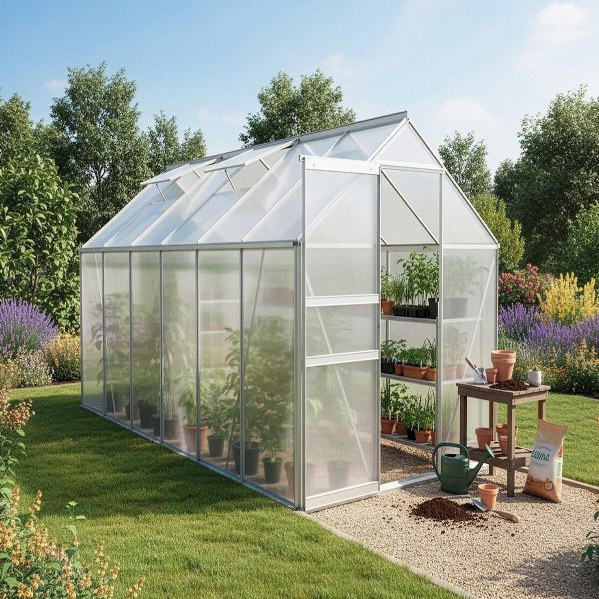 Habitat et Jardin Serre jardin polycarbonate 370 x 190 x 195 cm  Basilic  - 7,03 m² - Gris