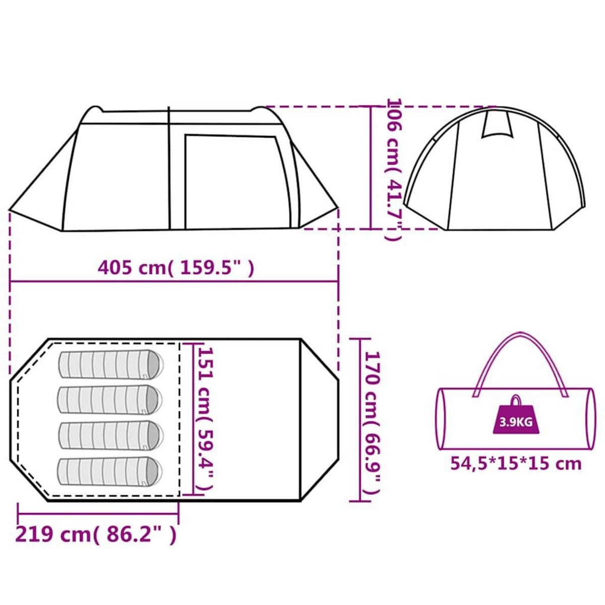 VIDAXL Tente de camping tunnel 4 personnes vert impermeable