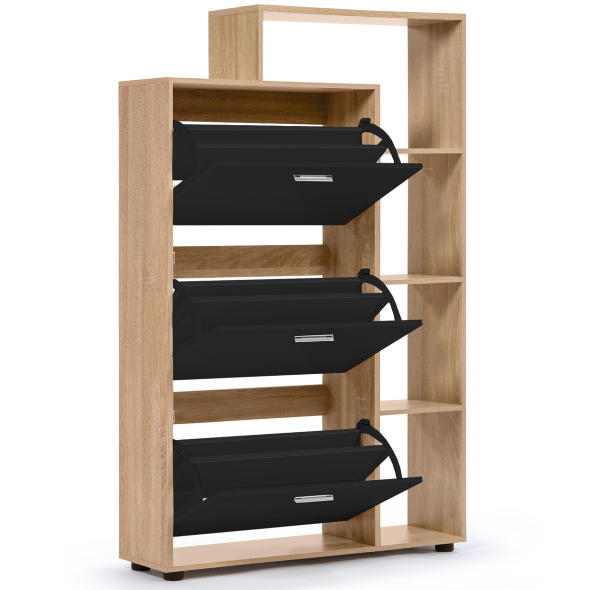 ID MARKET Meuble à chaussures 18 paires KLARK imitation hêtre 3 portes noires avec étagère