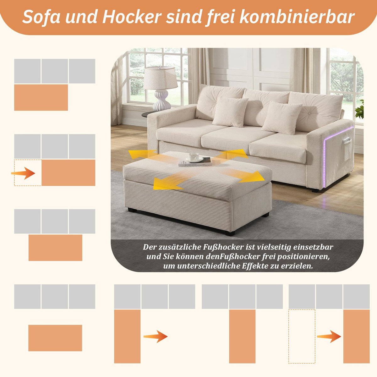 MERAX Canapé d‘angle réversible fixe 3 places tissu led