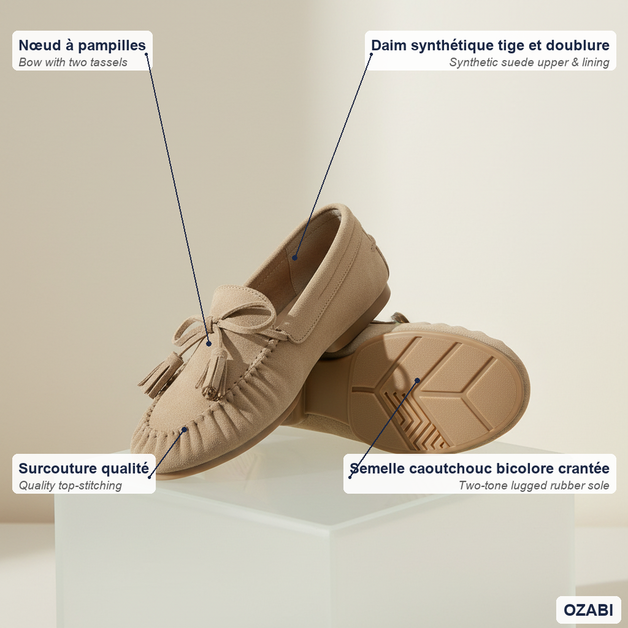 Voir la diapositive 4 : OZABI Ozabi mocassins femme bobo chic nœud pampilles daim synthétique