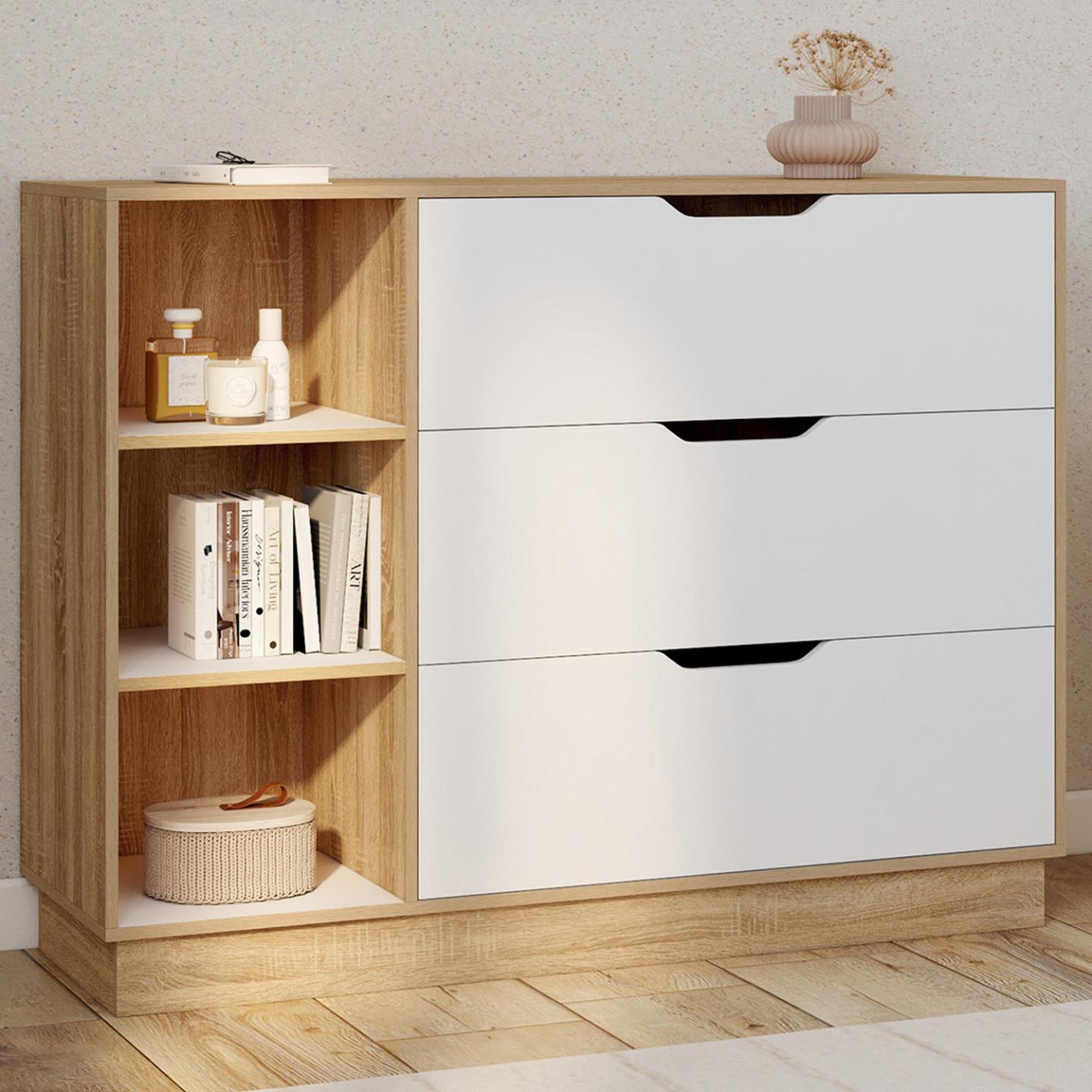Voir la diapositive 2 : ID MARKET Commode 3 tiroirs et 3 niches oxana hêtre et blanc