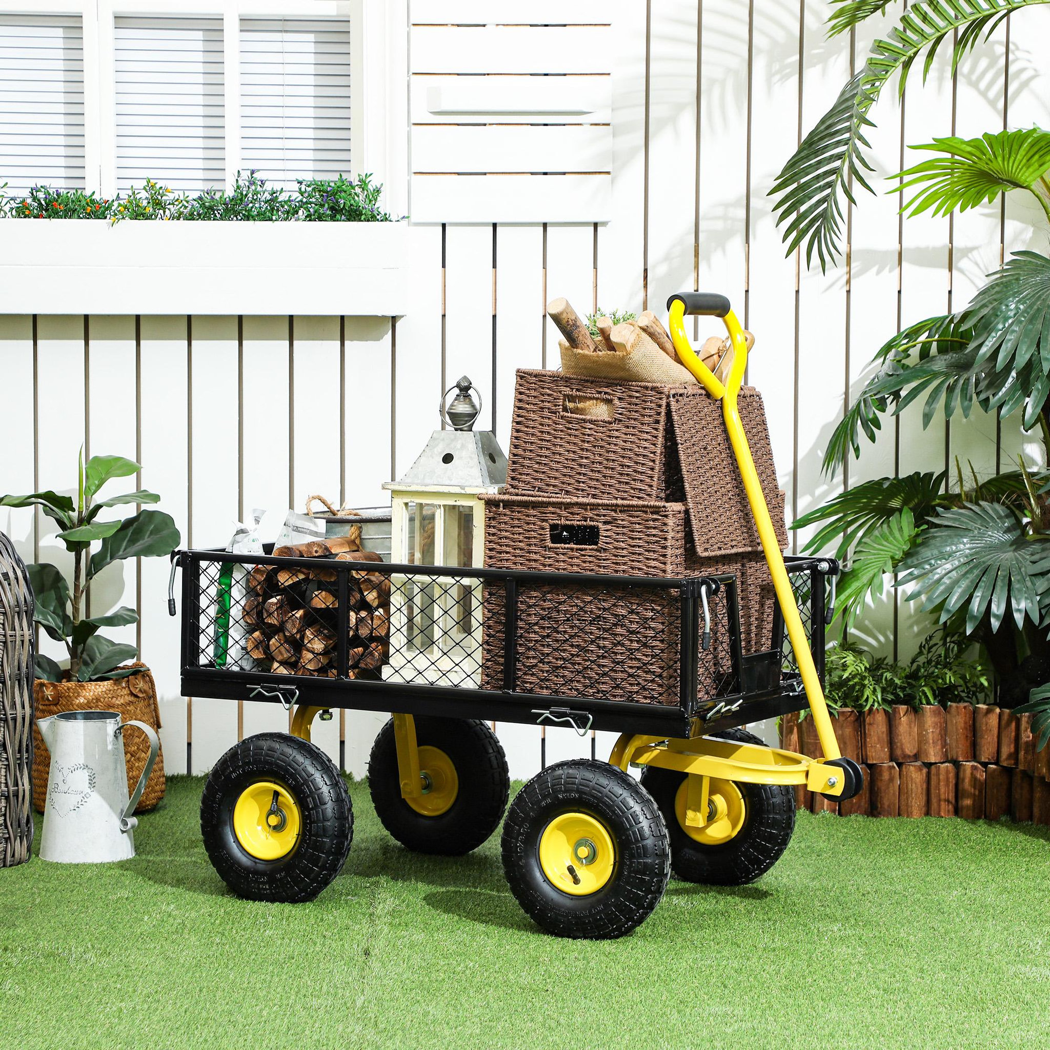 Voir la diapositive 2 : OUTSUNNY Chariot de jardin en acier - chariot de transport - côtés amovibles, poignée rotative - max. 200 kg - noir jaune