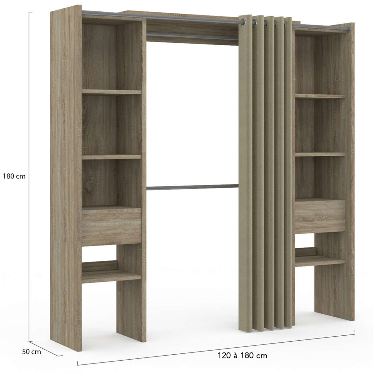 ID MARKET Dressing extensible double MERYL 120/180 x 50 x 180 cm hêtre avec étagères + double penderie + rideau taupe