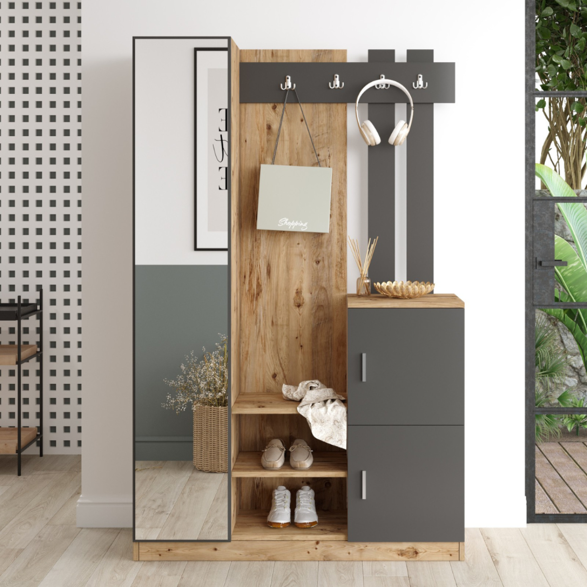 Voir la diapositive 2 : CONCEPT USINE Meuble d'entrée design bois et gris miroir ANKA