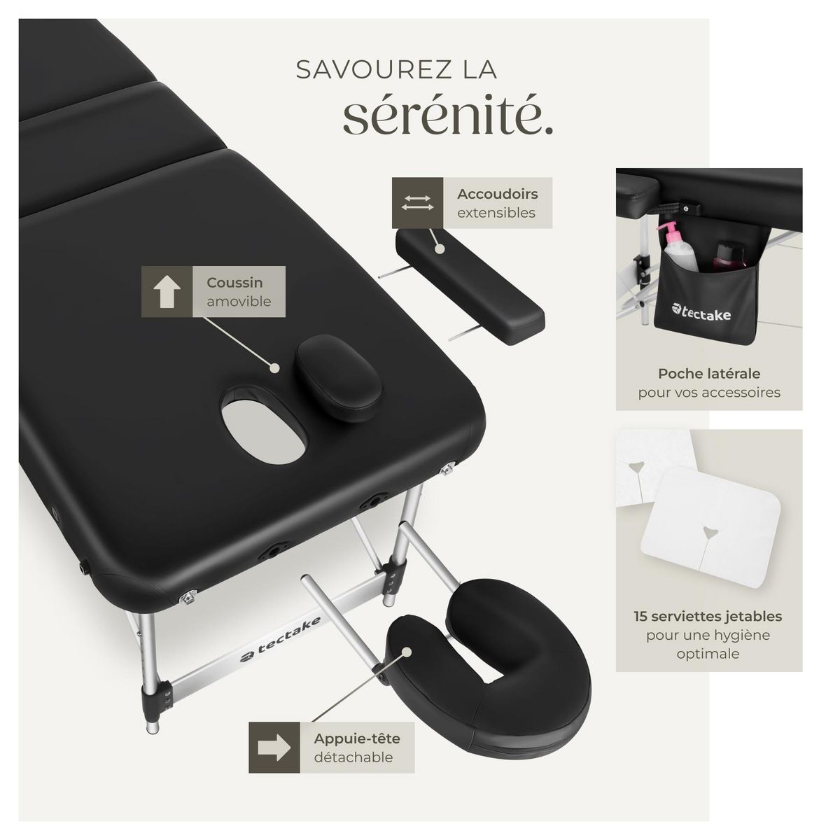 tectake Table 3 zones de massage largeur 78 cm et rembourrage 5 cm noir