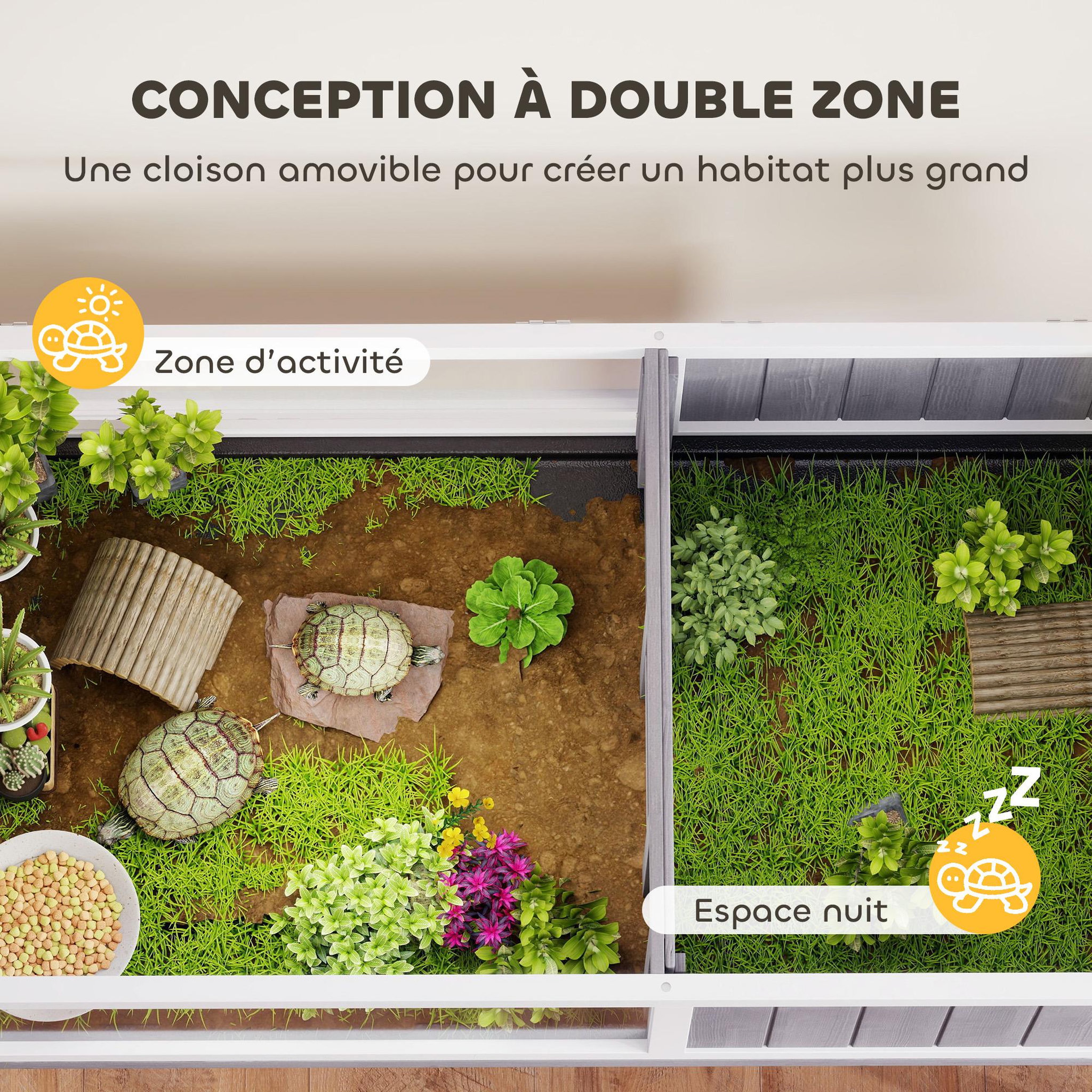 Voir la diapositive 6 : PAWHUT Terrarium maison tortue sur pied - niche, plateau déjection, support lampe - bois blanc gris