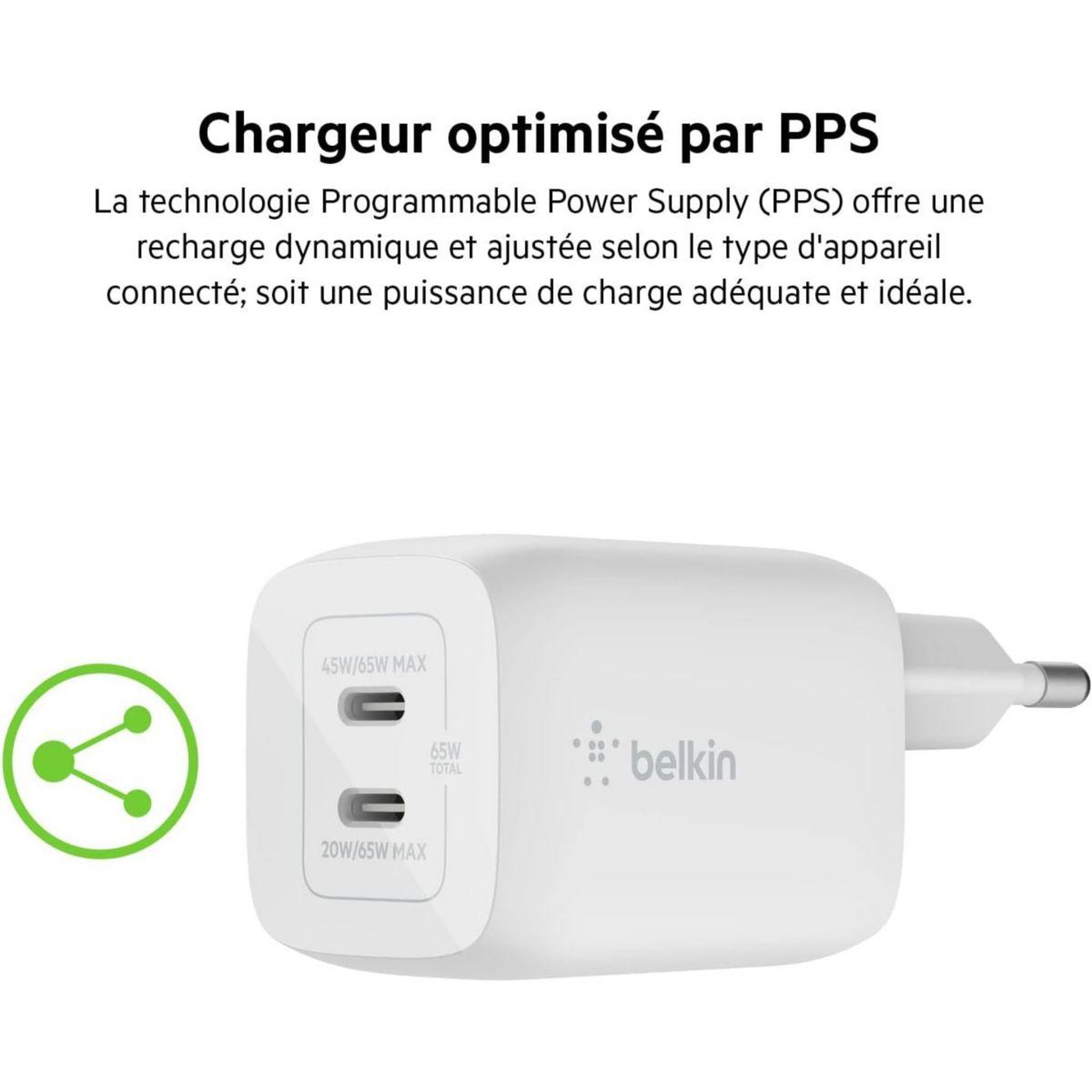 Voir la diapositive 4 : Belkin Chargeur USB C x2 65W GaN PPS + Cable USB-C 2m