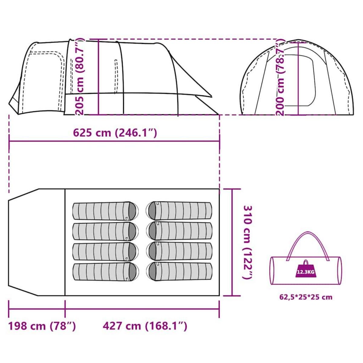 VIDAXL Tente familiale tunnel 8 personnes gris impermeable