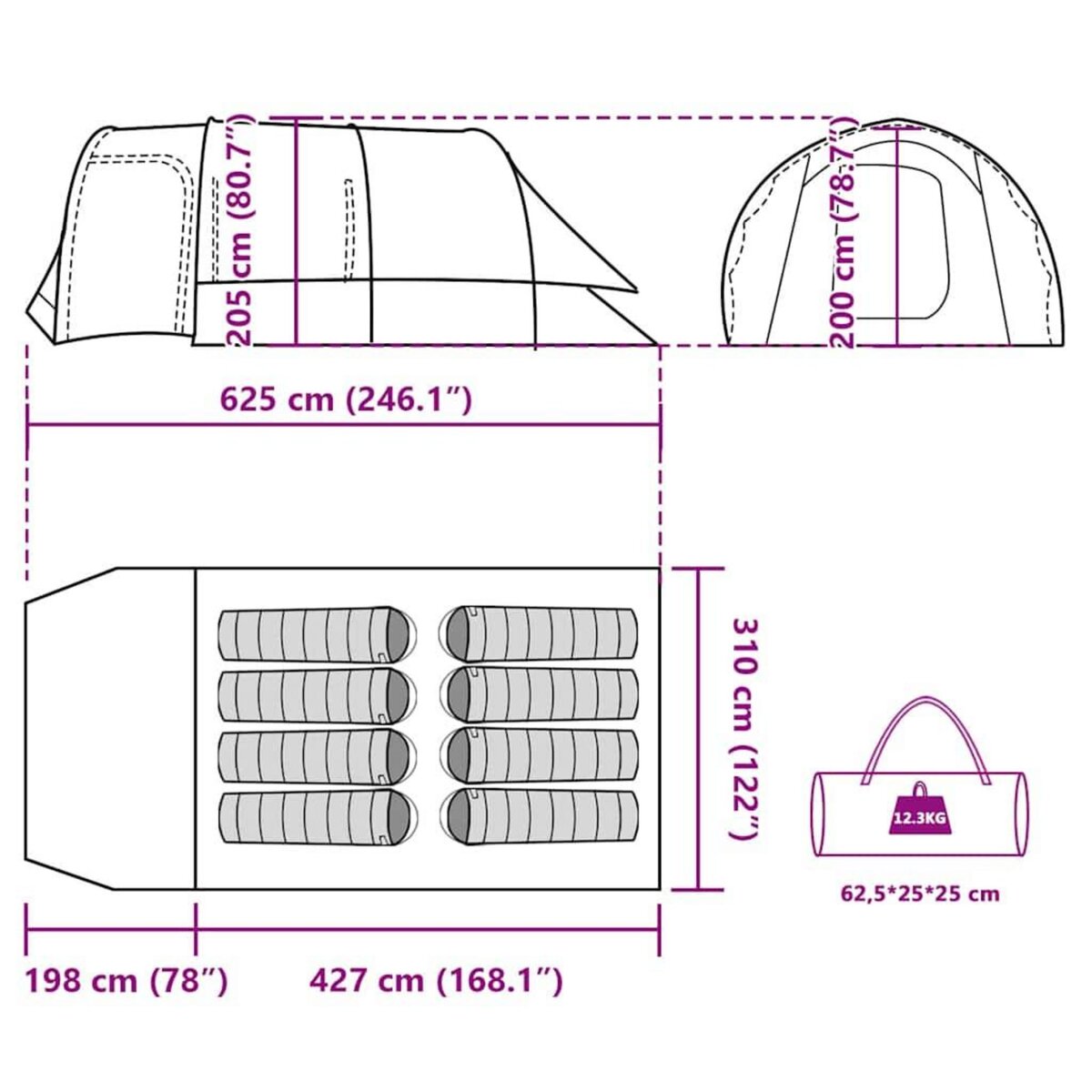 VIDAXL Tente familiale tunnel 8 personnes gris impermeable