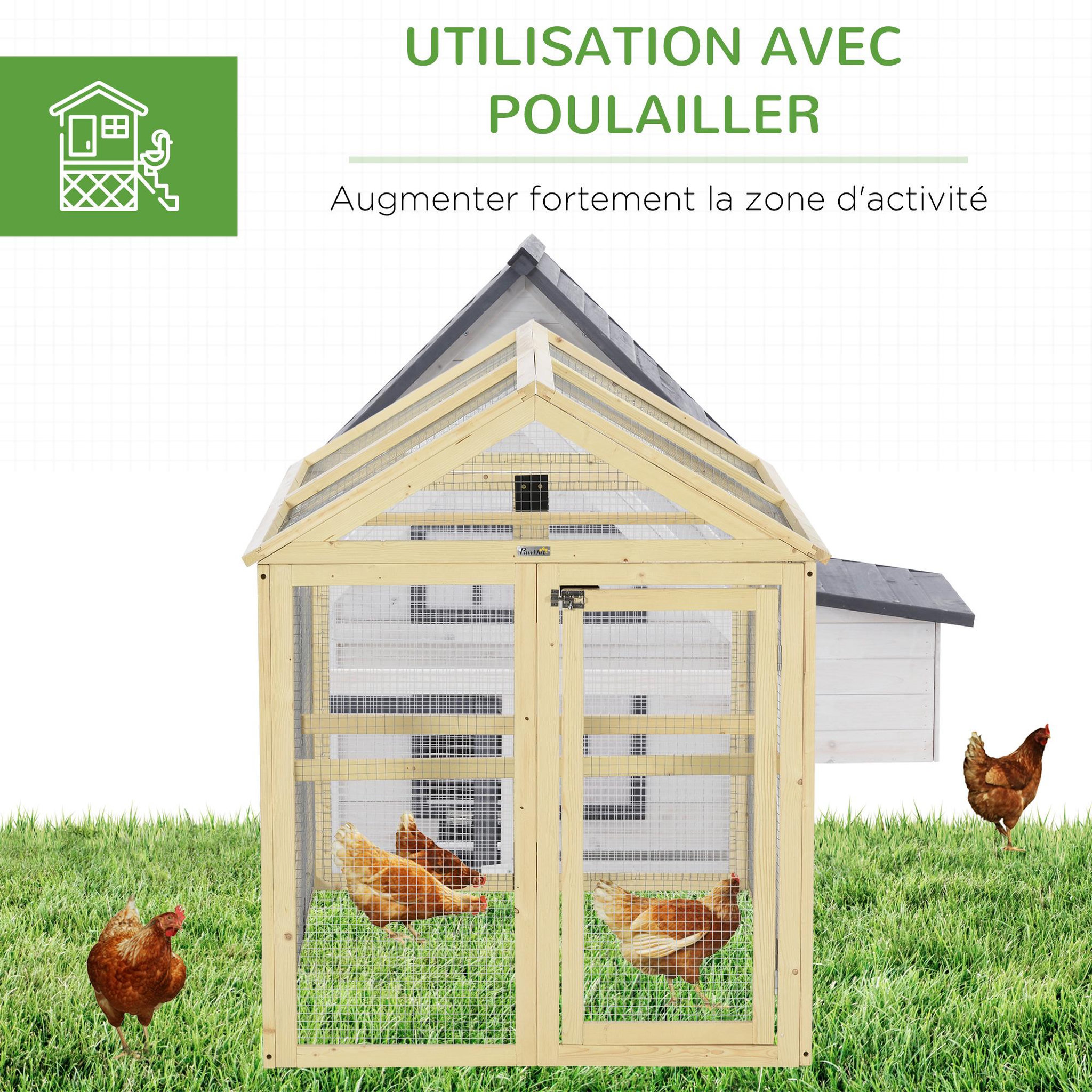 Voir la diapositive 6 : PAWHUT Enclos poulailler chenil 1,23 m² - parc grillagé dim 140L x 88,5l x 106H cm - 2 portes verrouillables - bois sapin