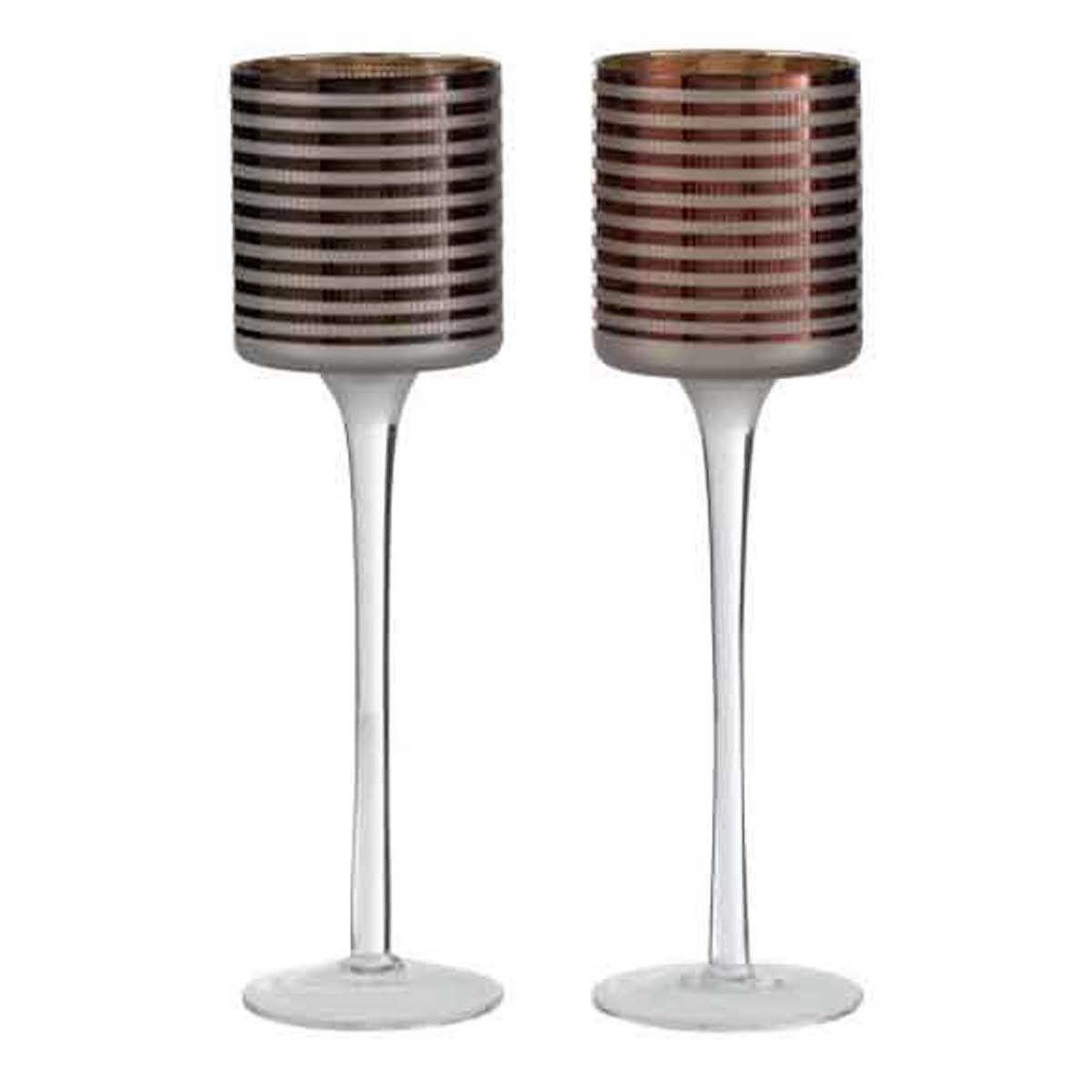 J-LINE Lot de 2 Photophores sur Pied  Verre Rayé  25cm Marron
